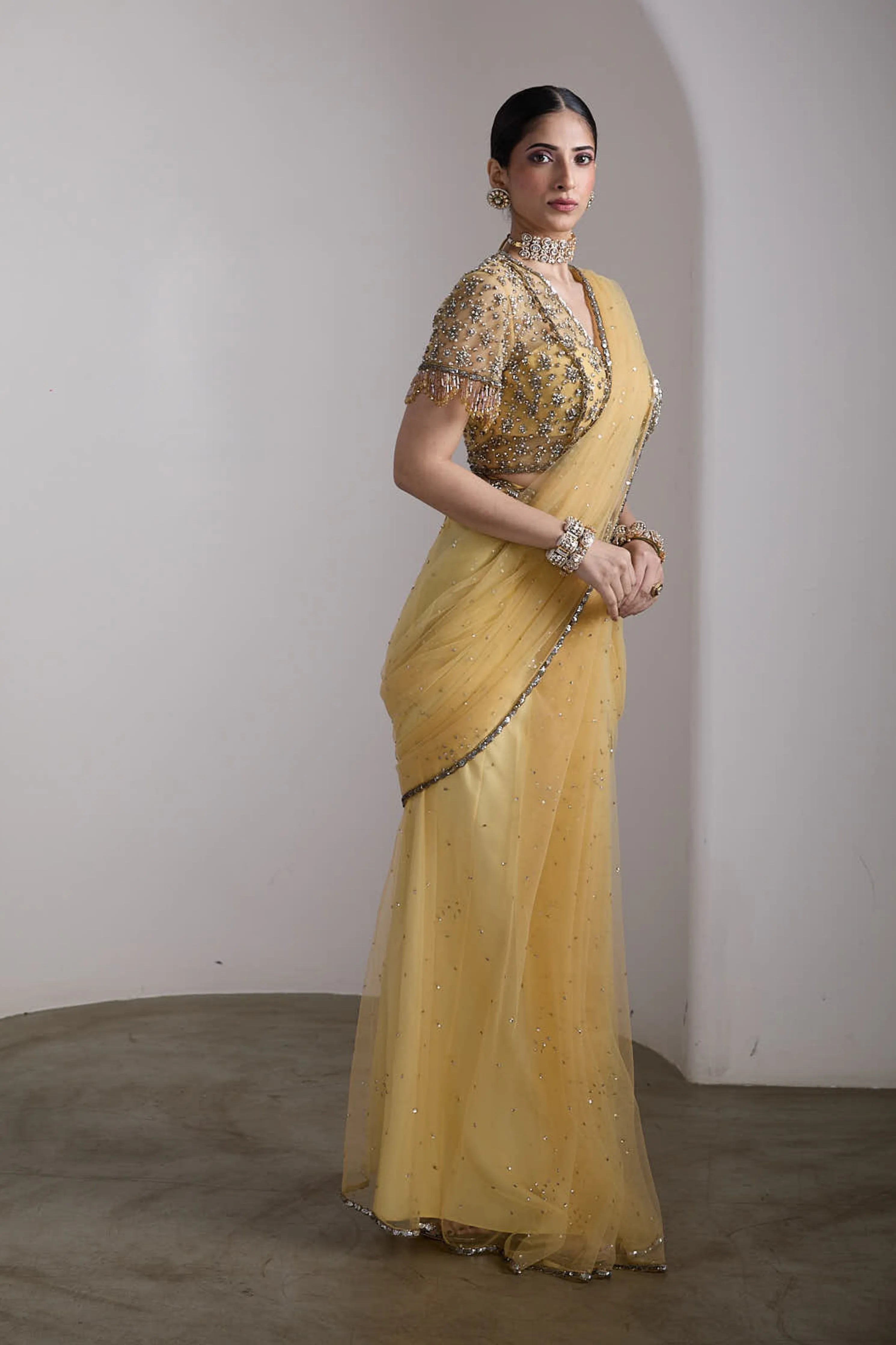 Yellow Drapped Saree Set