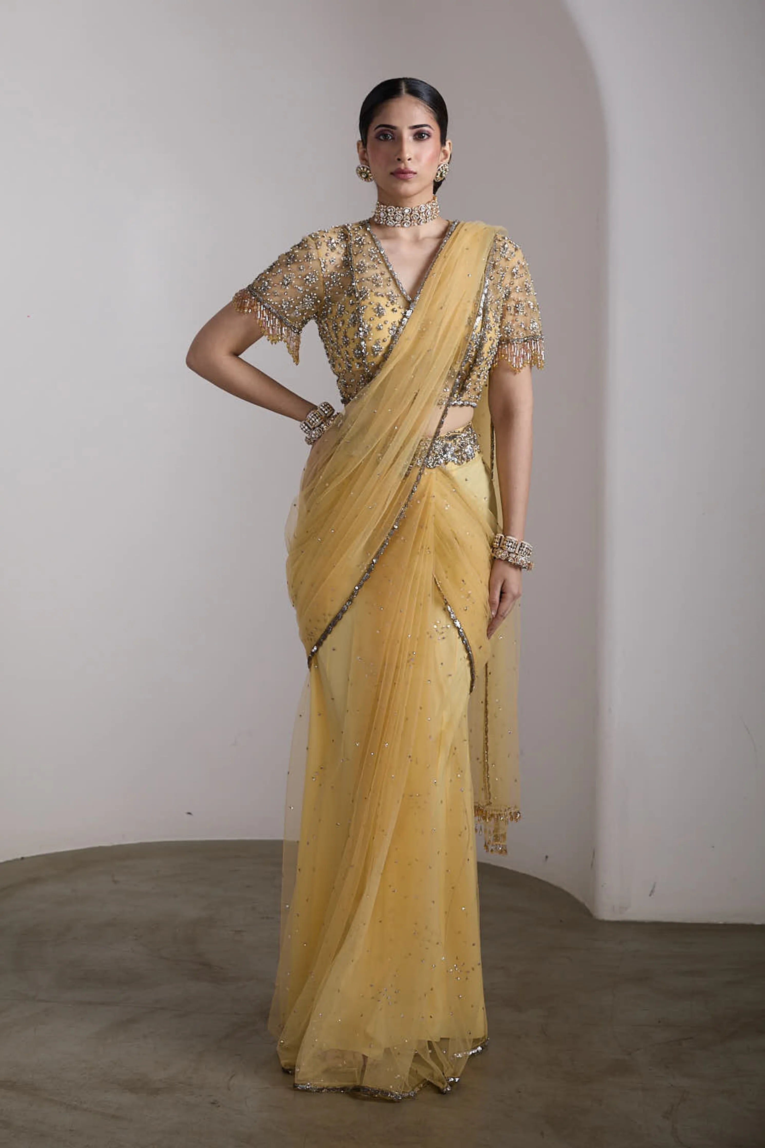 Yellow Drapped Saree Set