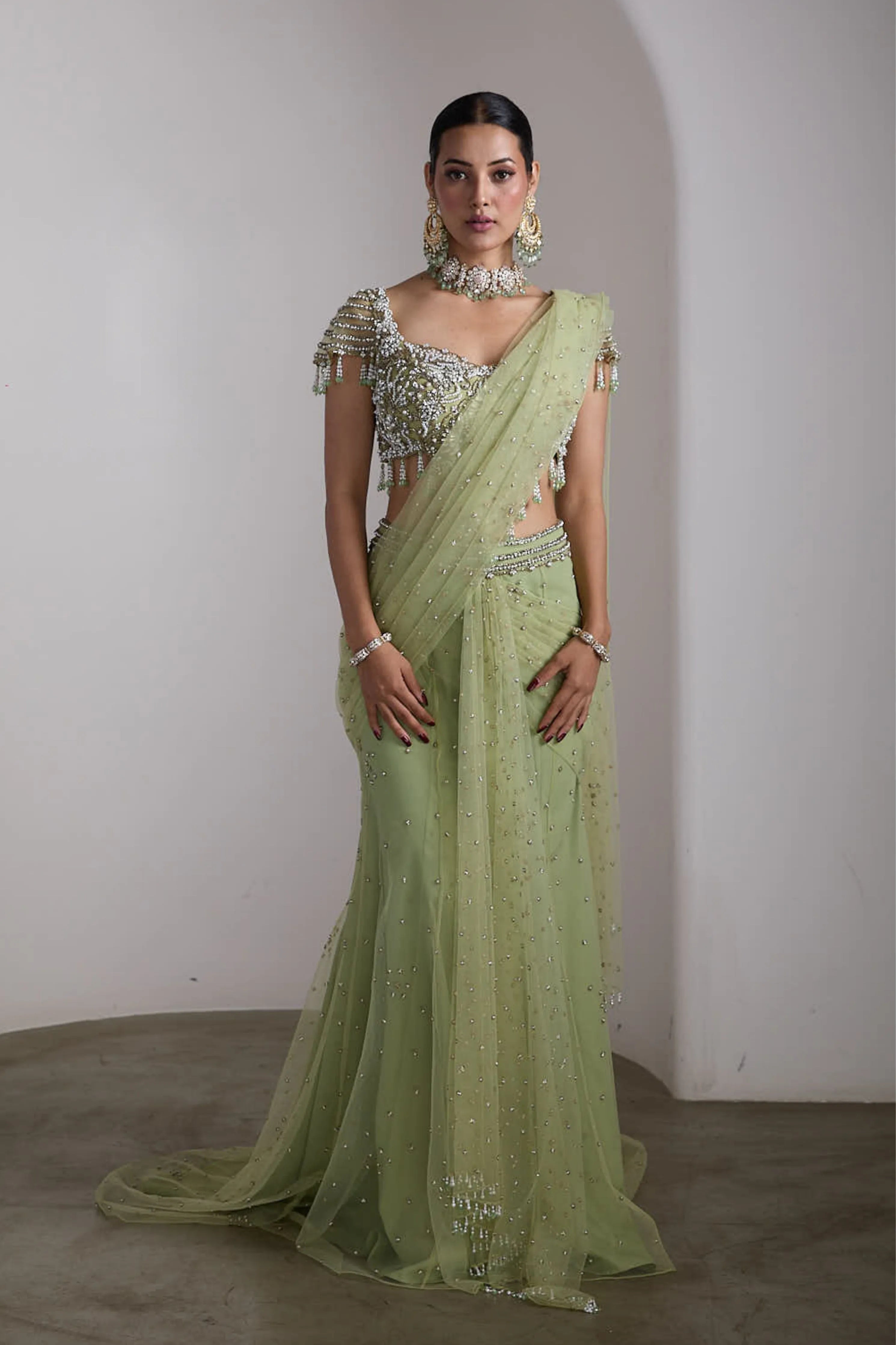 Green Drapped Saree Set