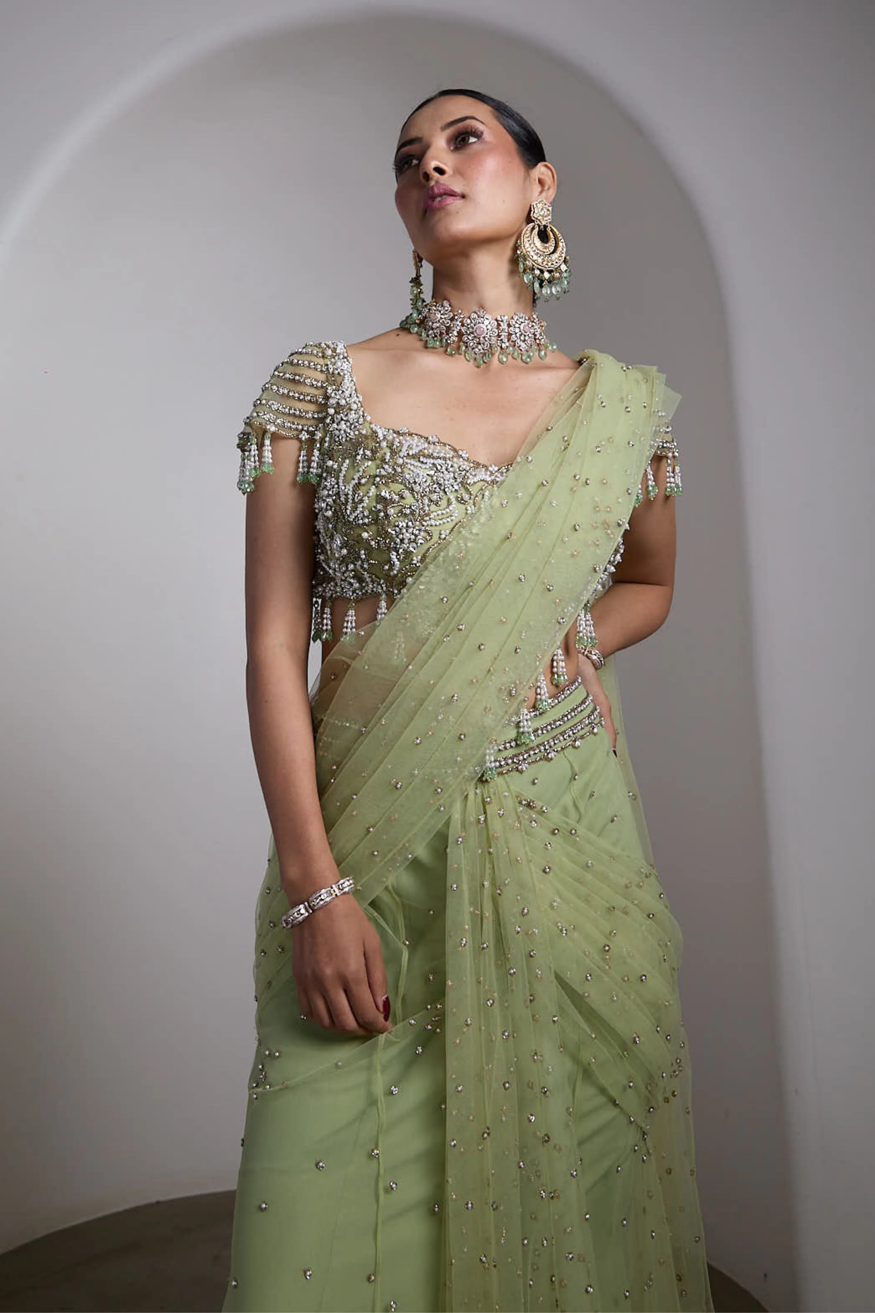 Green Drapped Saree Set