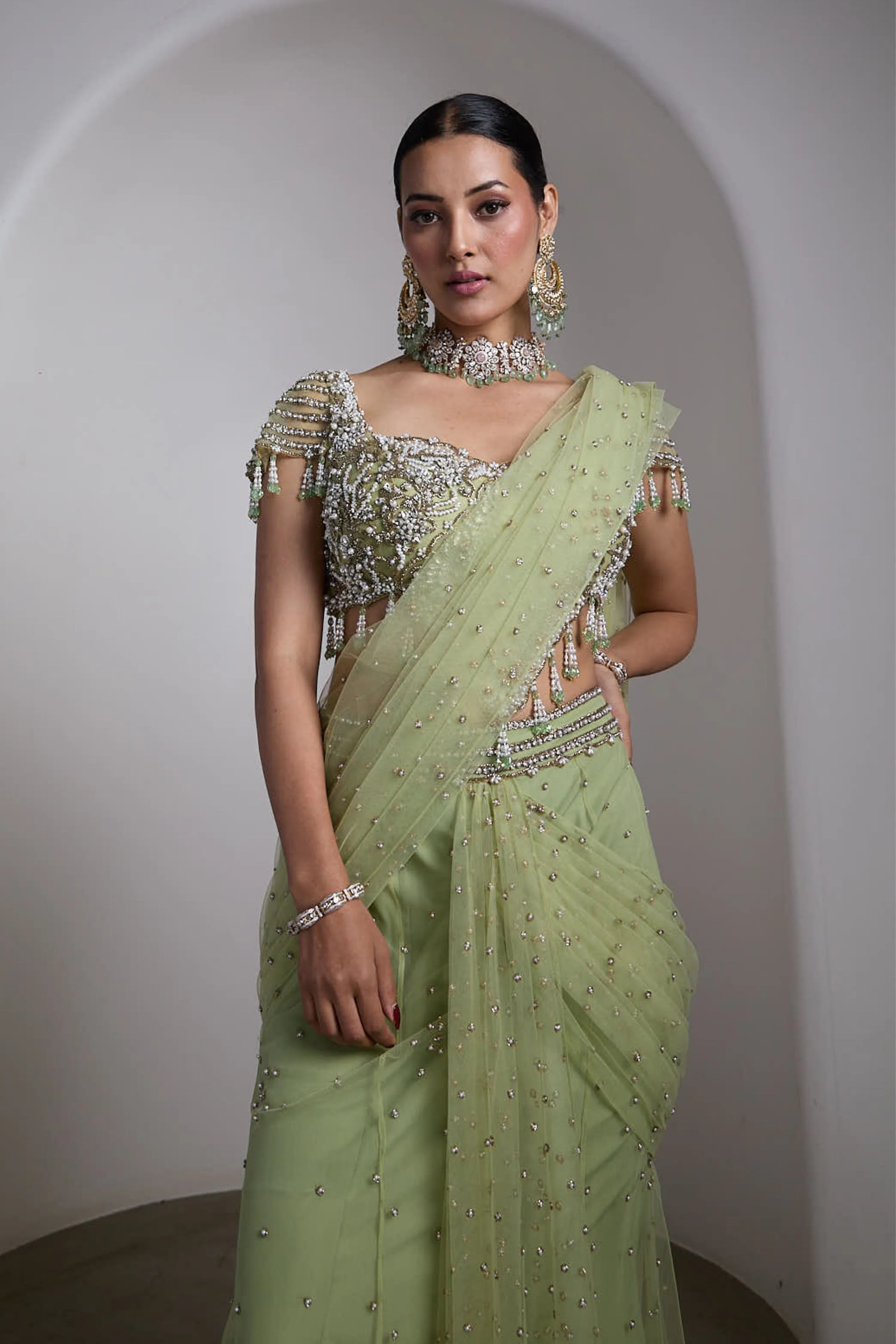 Green Drapped Saree Set