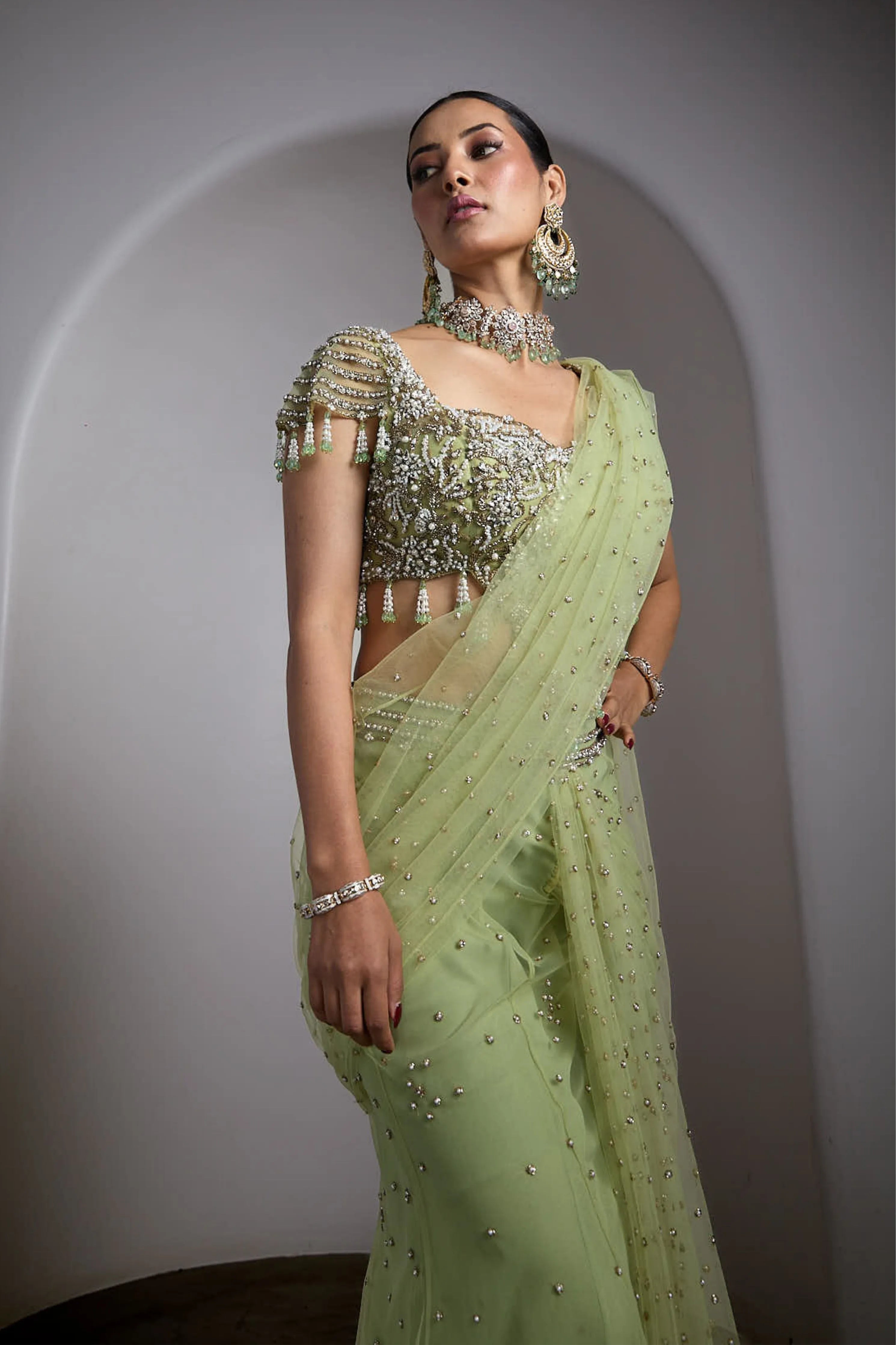 Green Drapped Saree Set