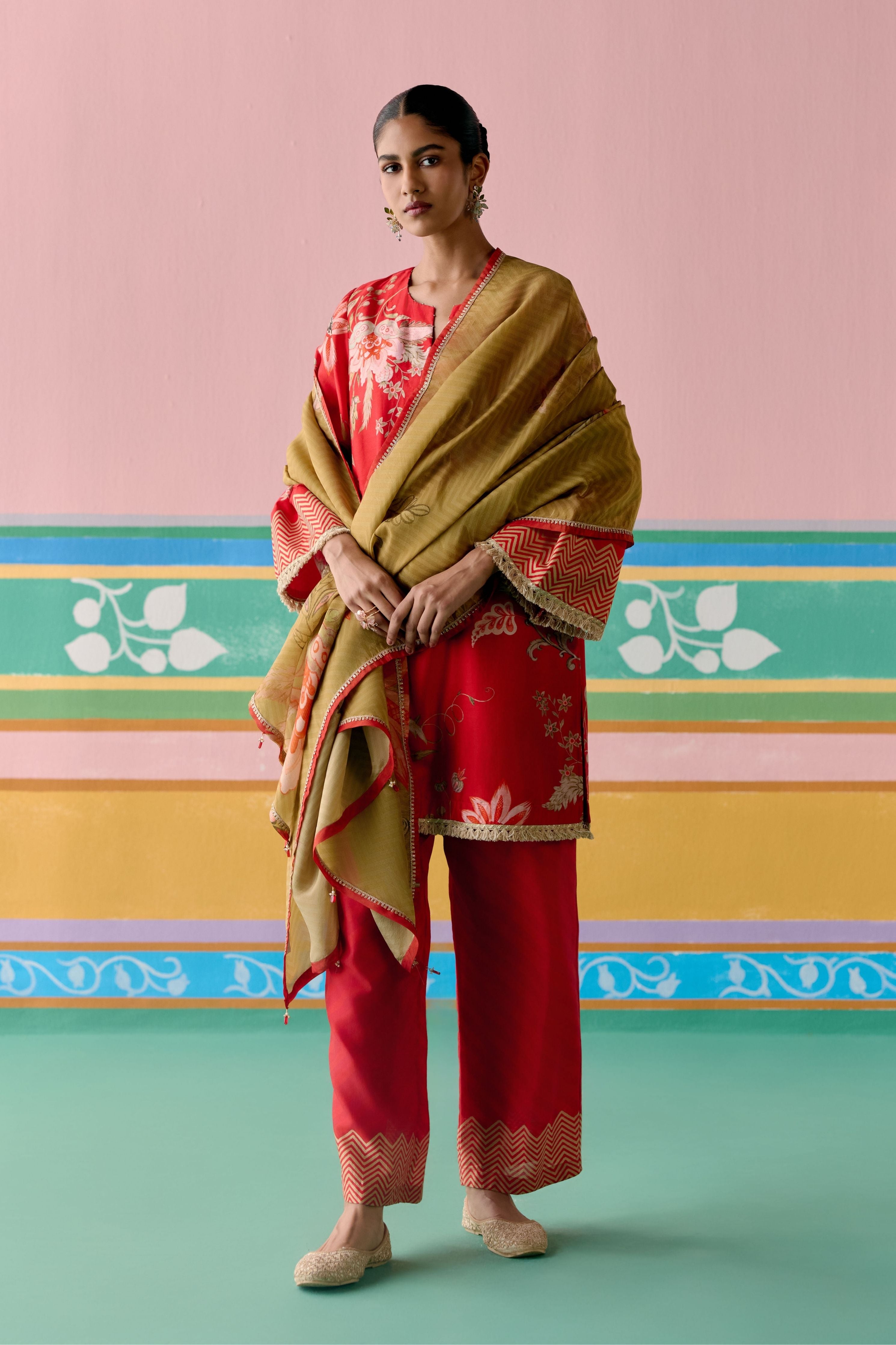 Red Chintz Kurta with Dupatta