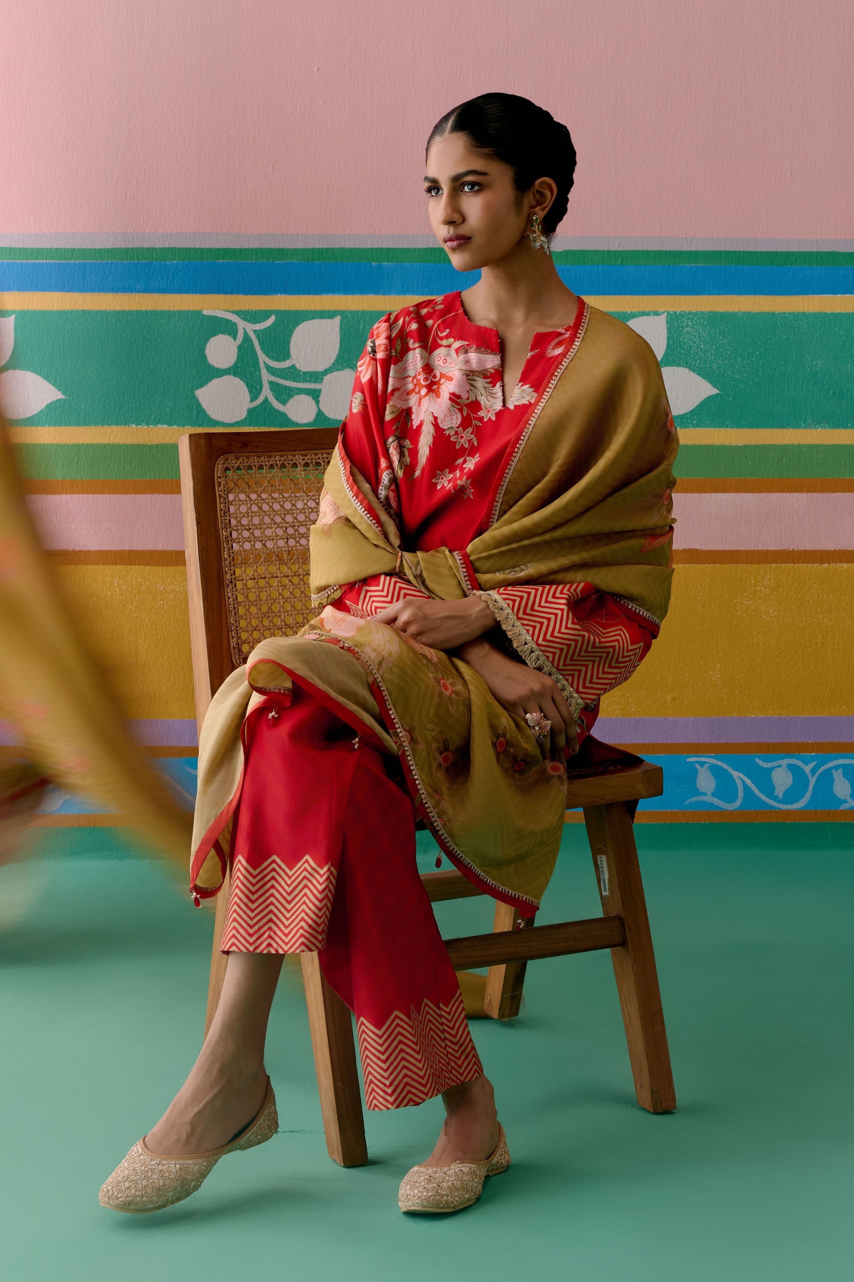 Red Chintz Kurta with Dupatta