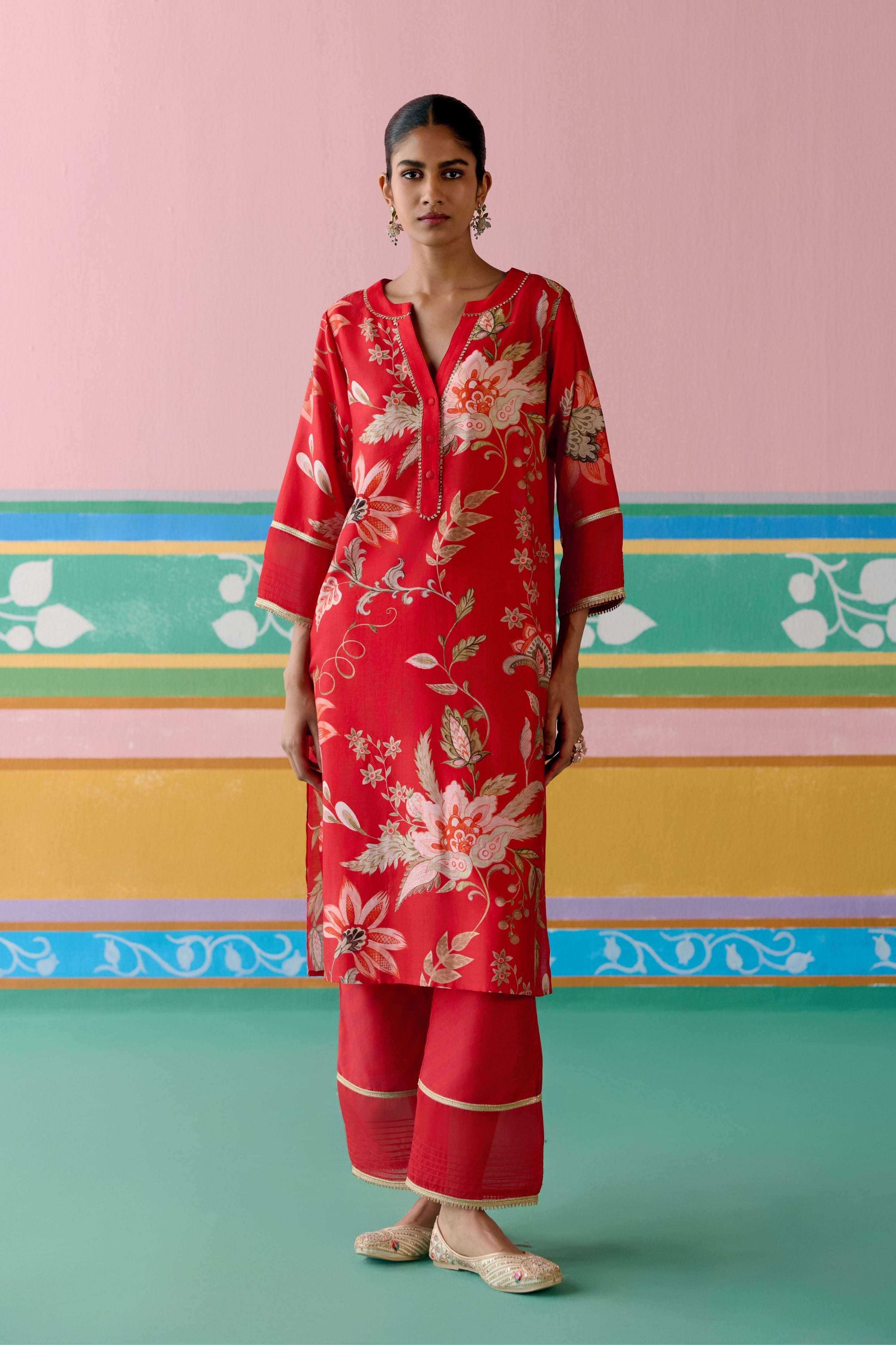 Red Chintz V-neck Kurta Set