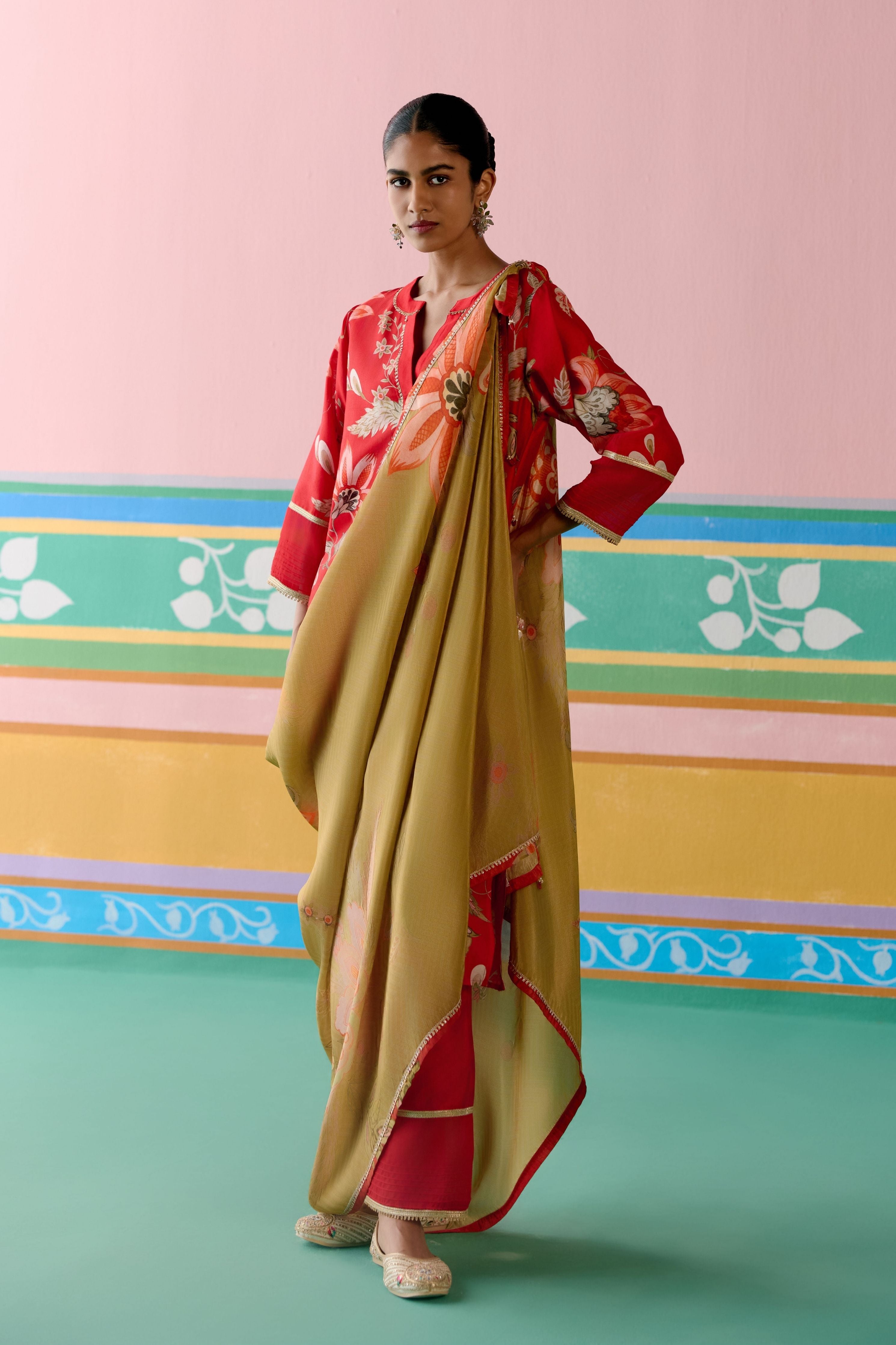 Red Chintz V-neck Kurta with Dupatta