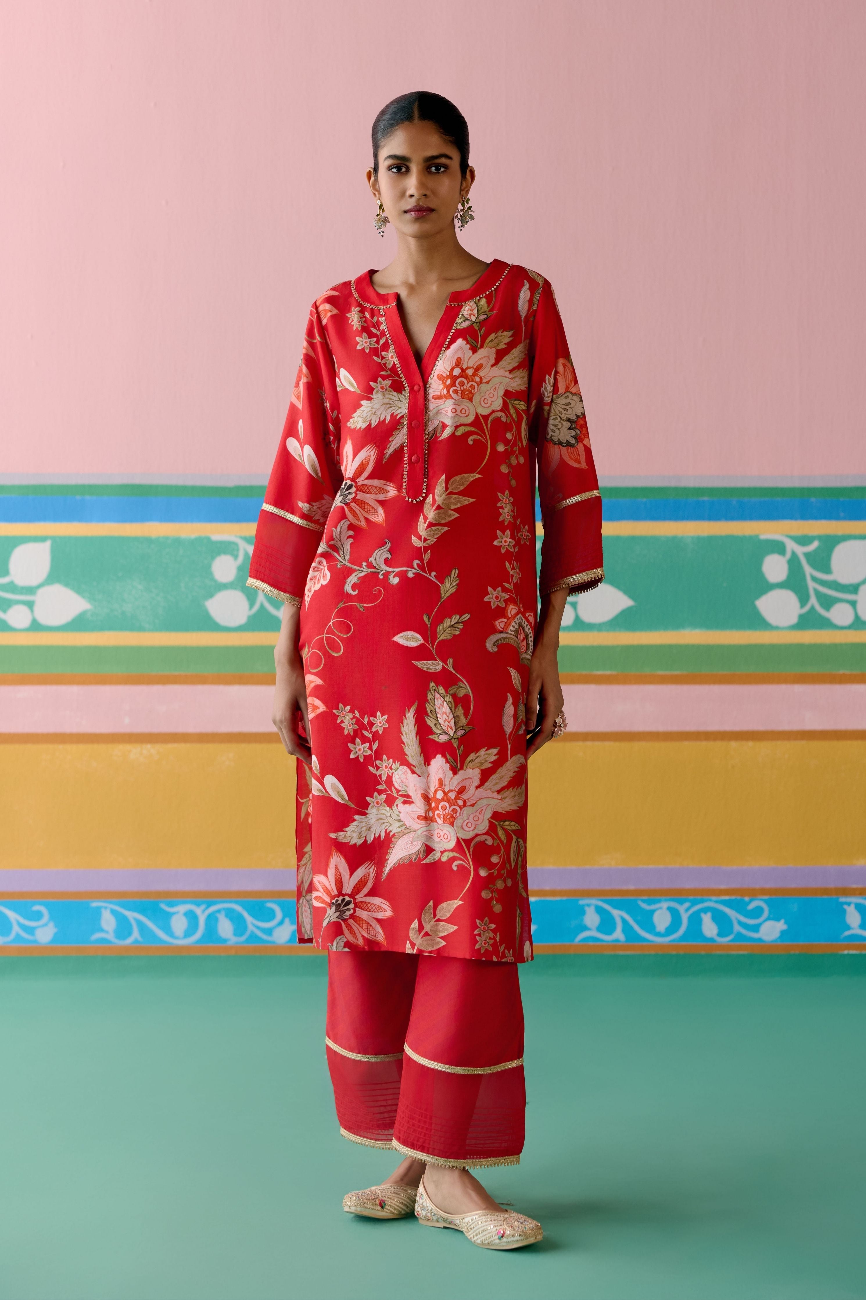 Red Chintz V-neck Kurta with Dupatta