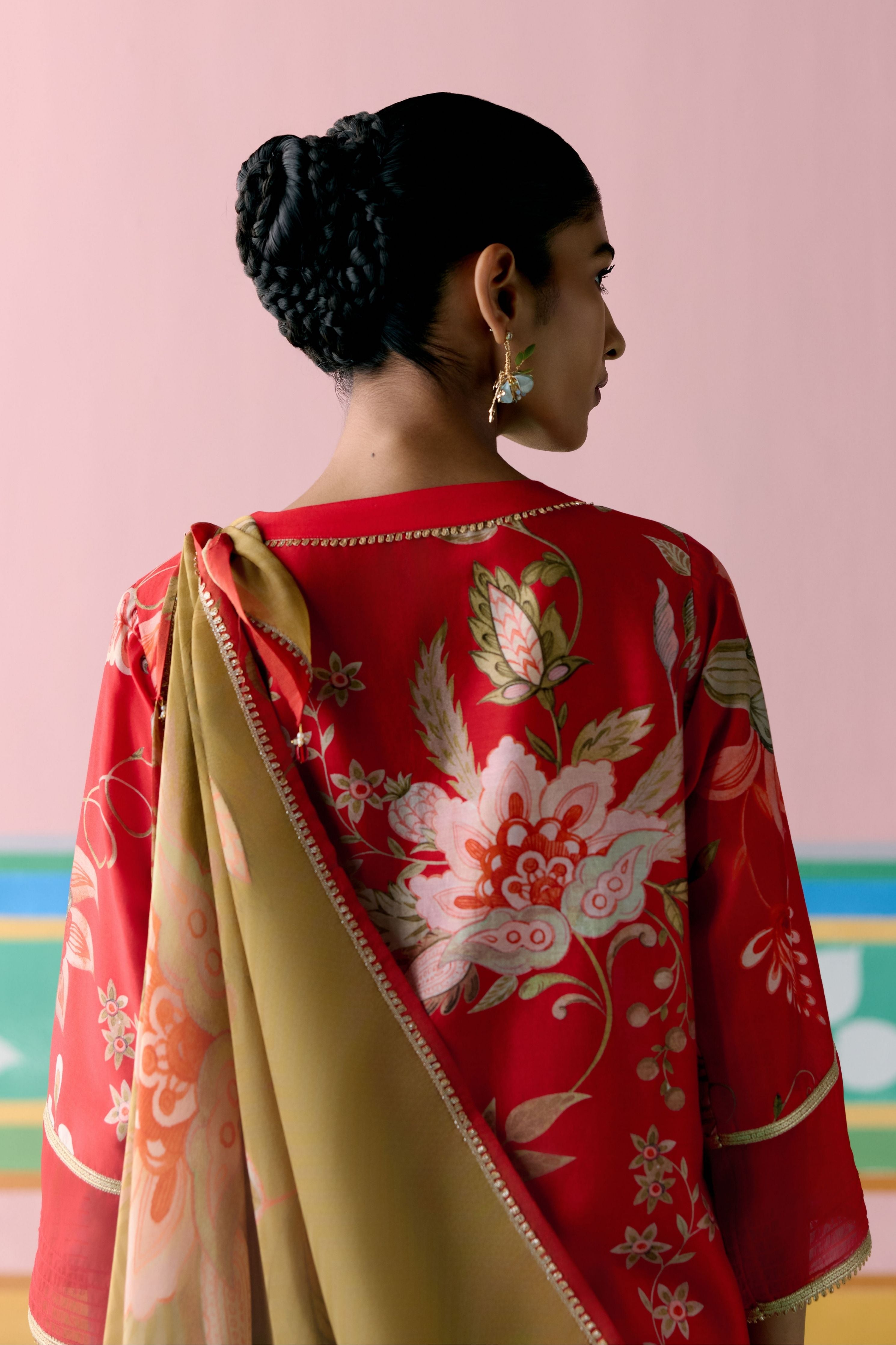 Red Chintz V-neck Kurta with Dupatta