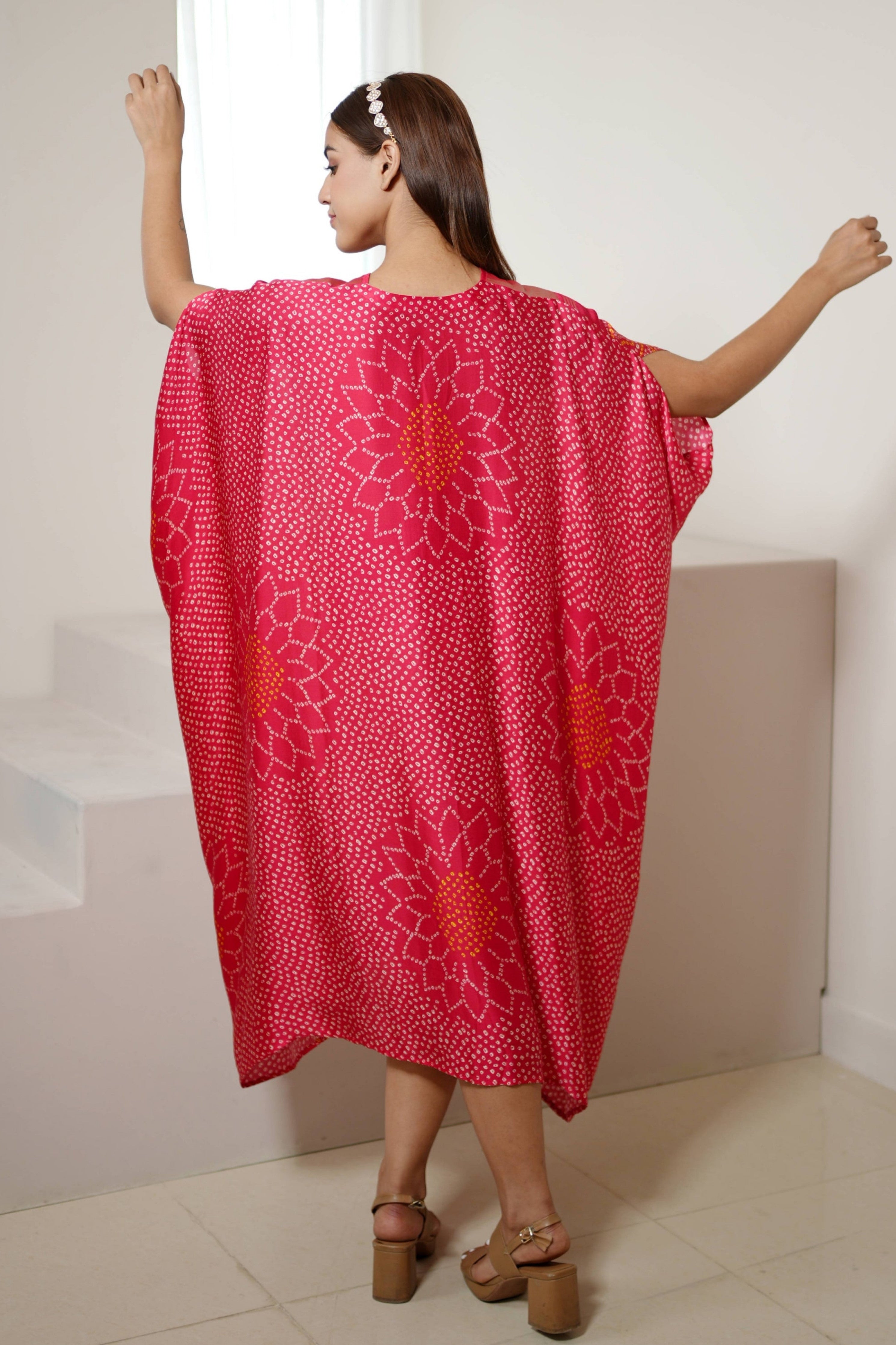 Red Silver Bandhej Kaftan