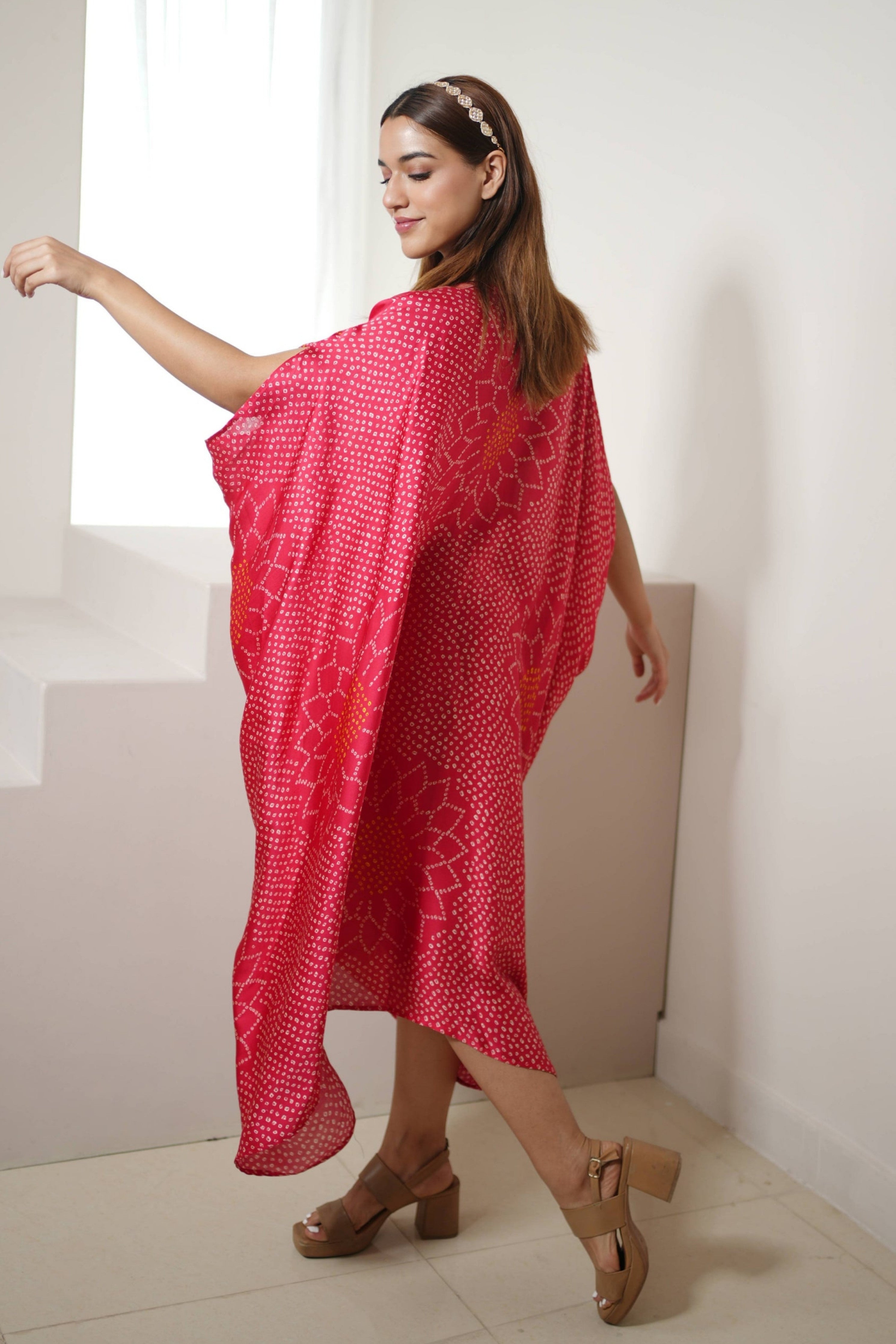 Red Silver Bandhej Kaftan