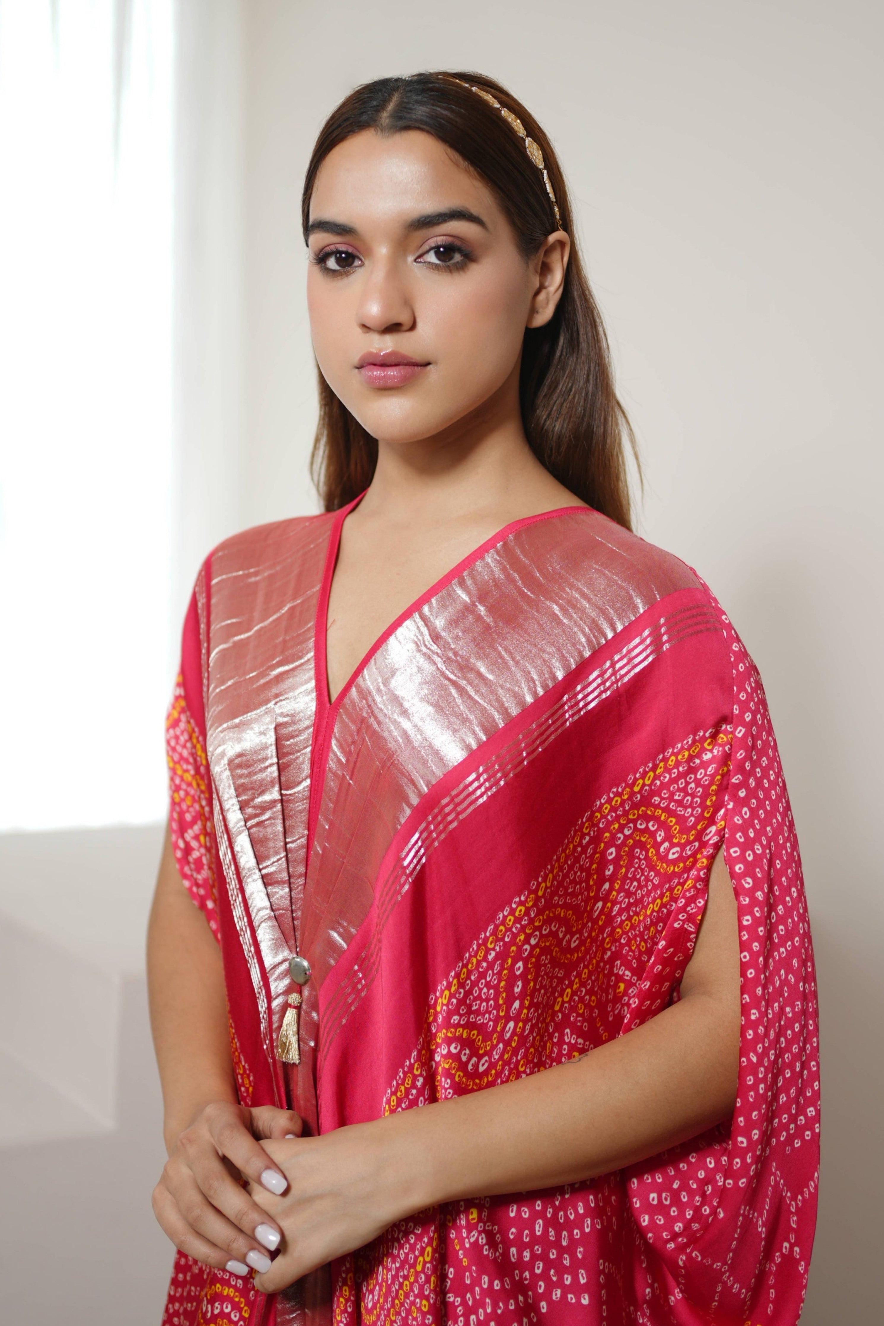 Red Silver Bandhej Kaftan