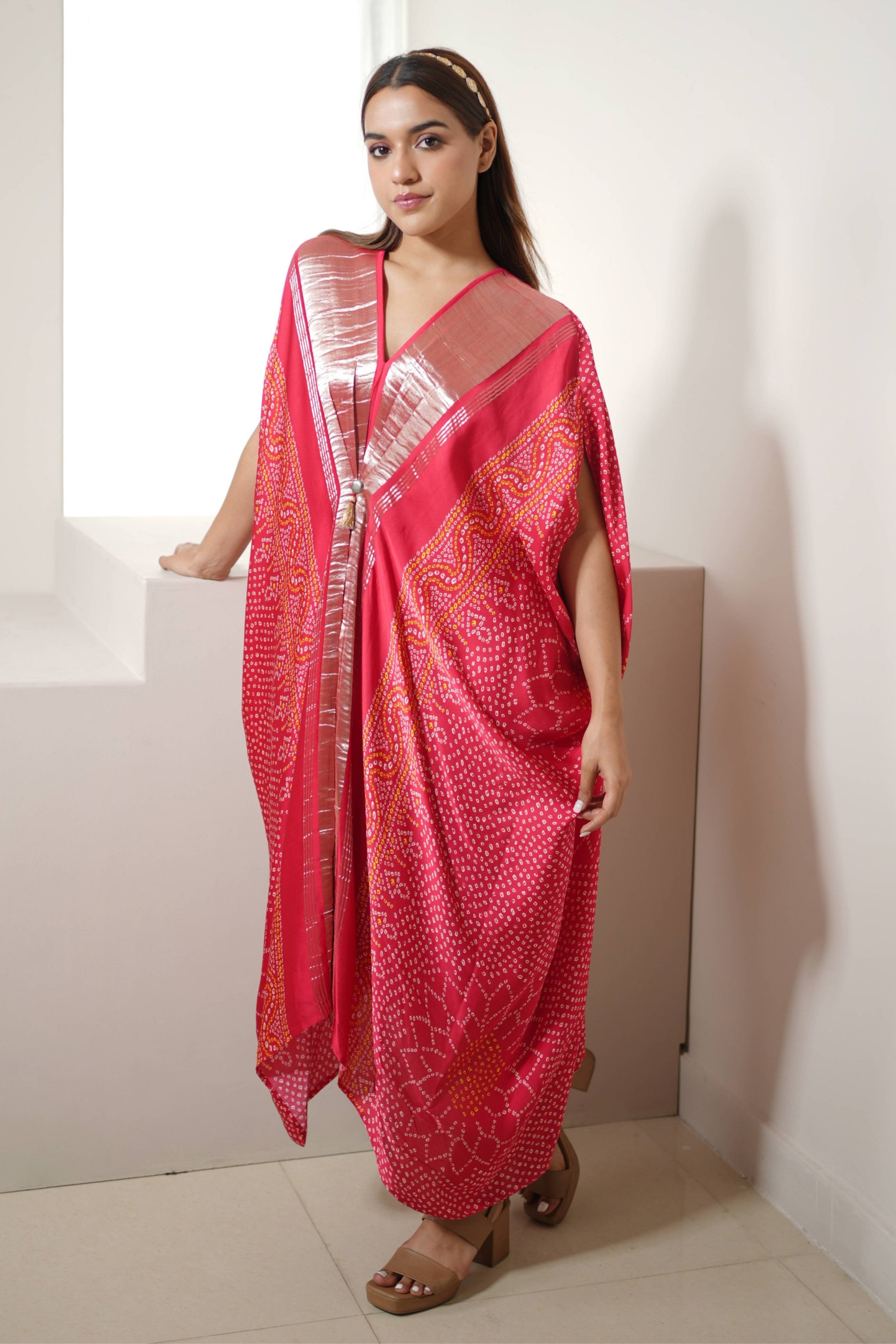 Red Silver Bandhej Kaftan