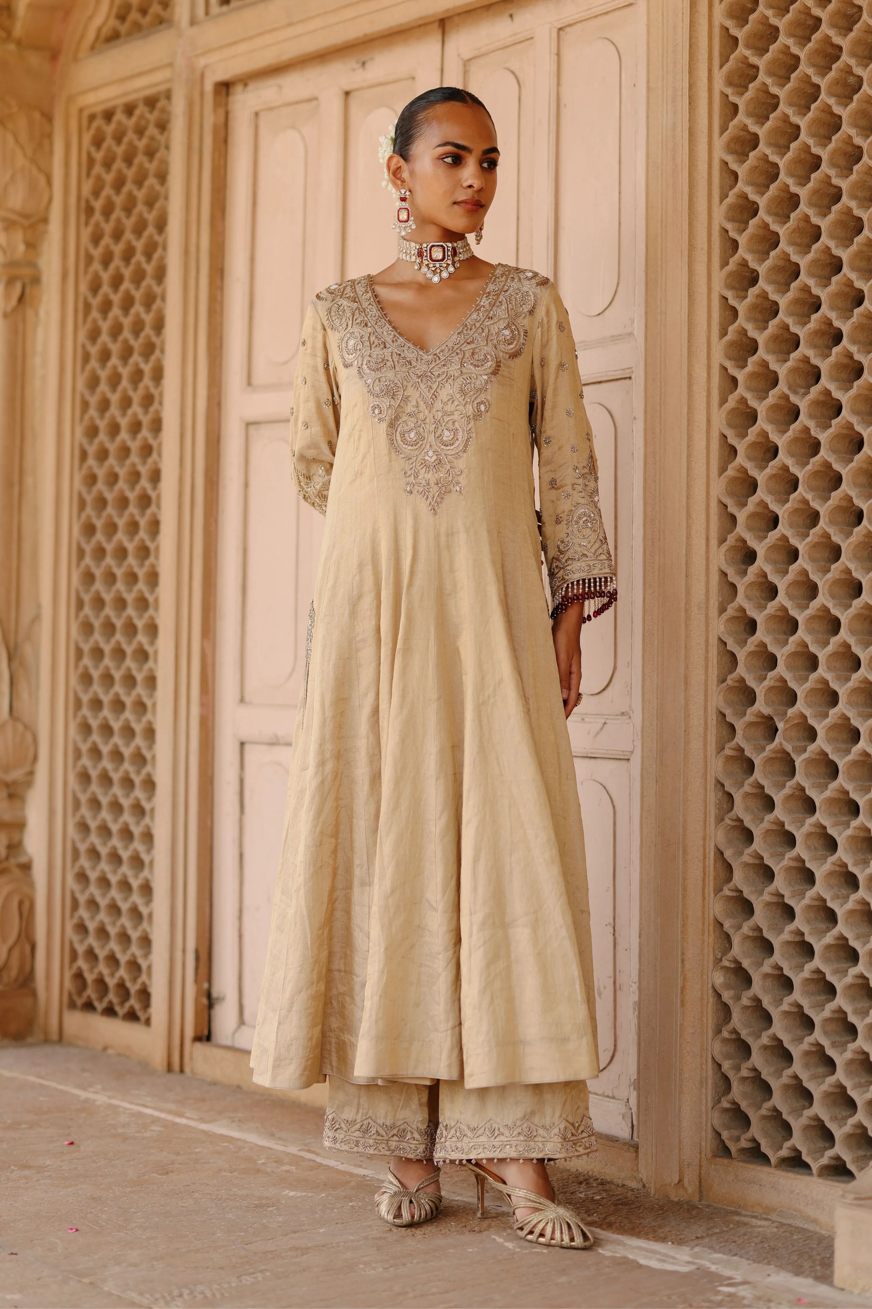 Rooh  Gold Tissue Long Kalidaar Anarkali Set with Palazzo & Dupatta