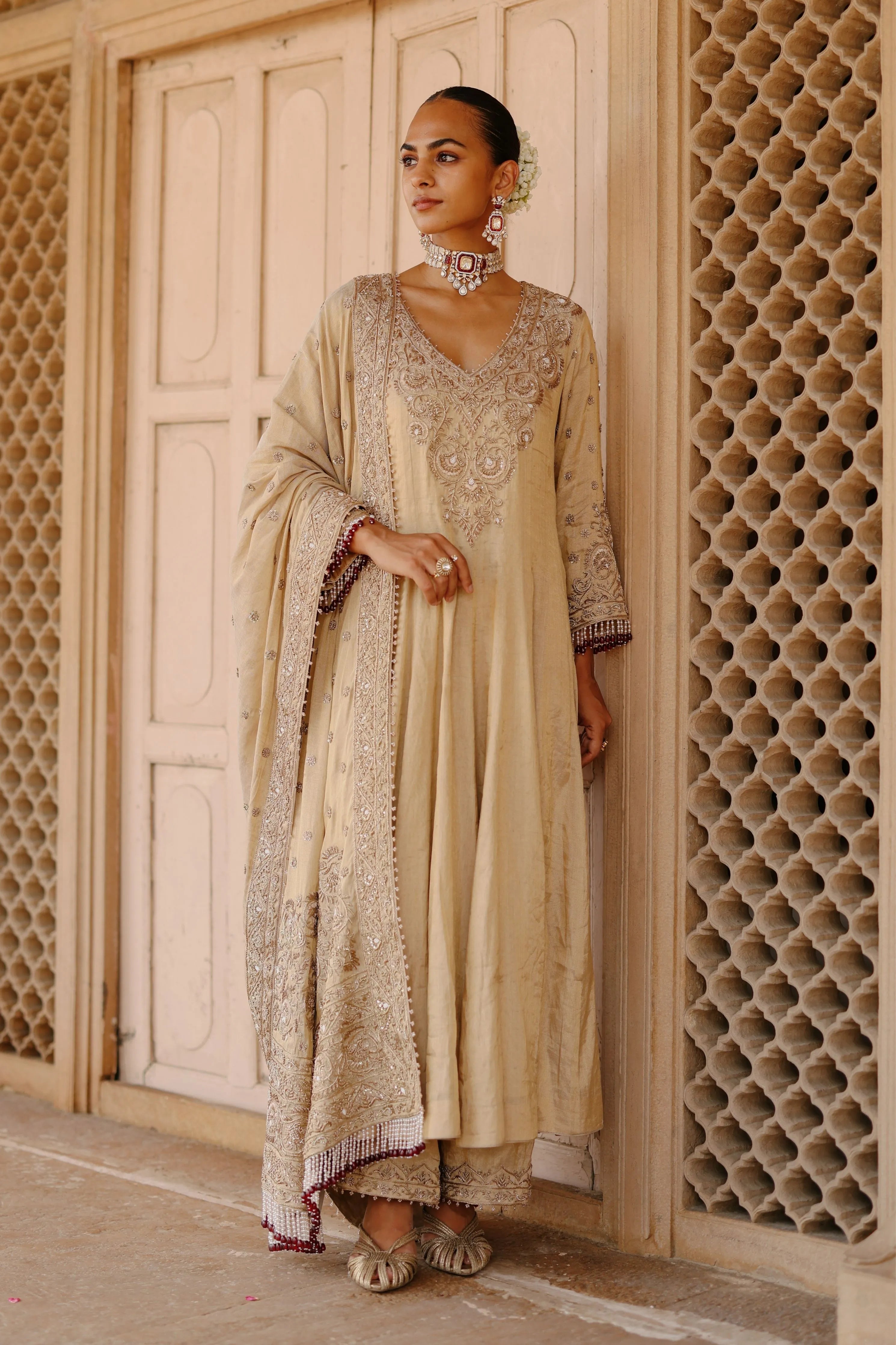 Rooh  Gold Tissue Long Kalidaar Anarkali Set with Palazzo & Dupatta