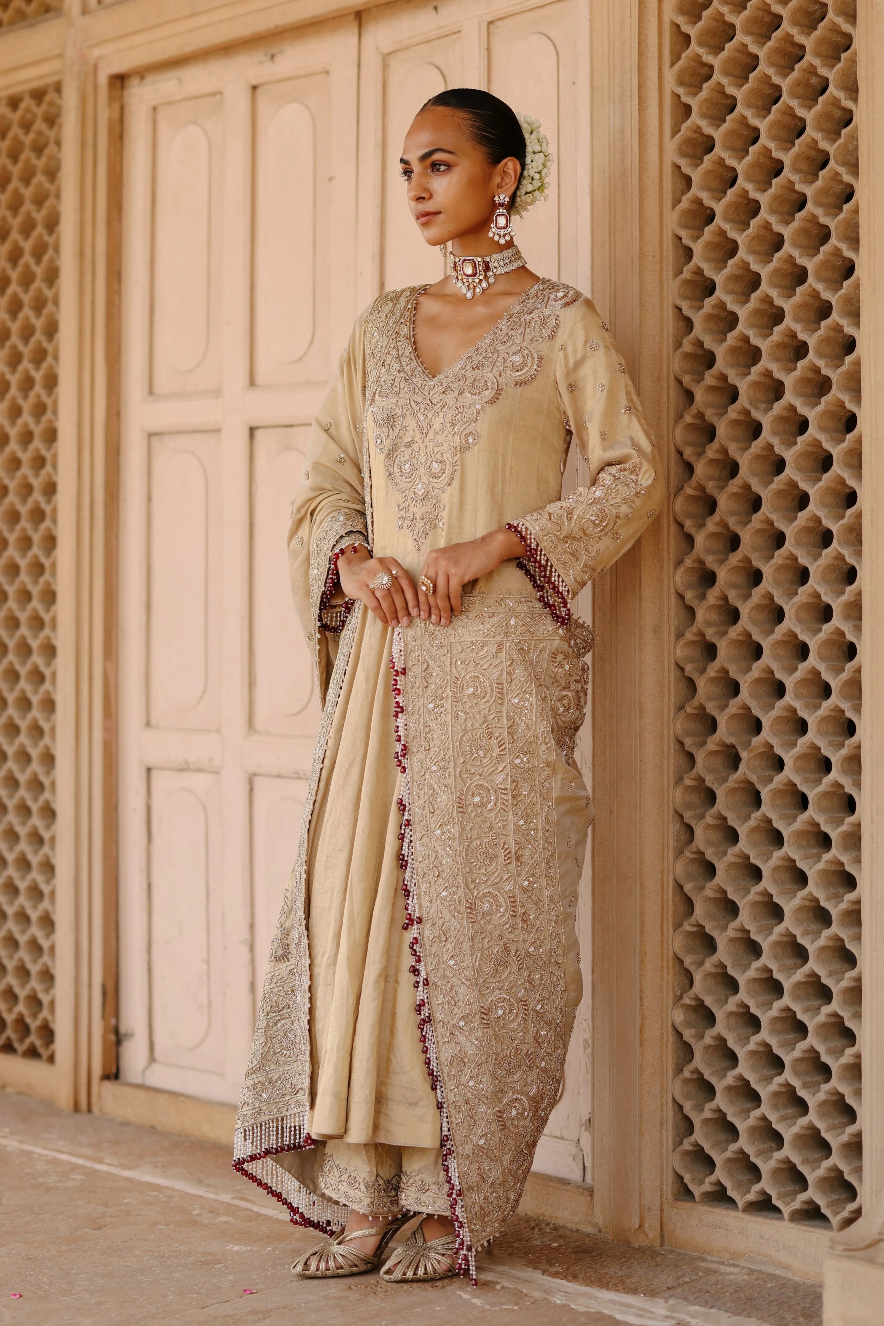 Rooh  Gold Tissue Long Kalidaar Anarkali Set with Palazzo & Dupatta