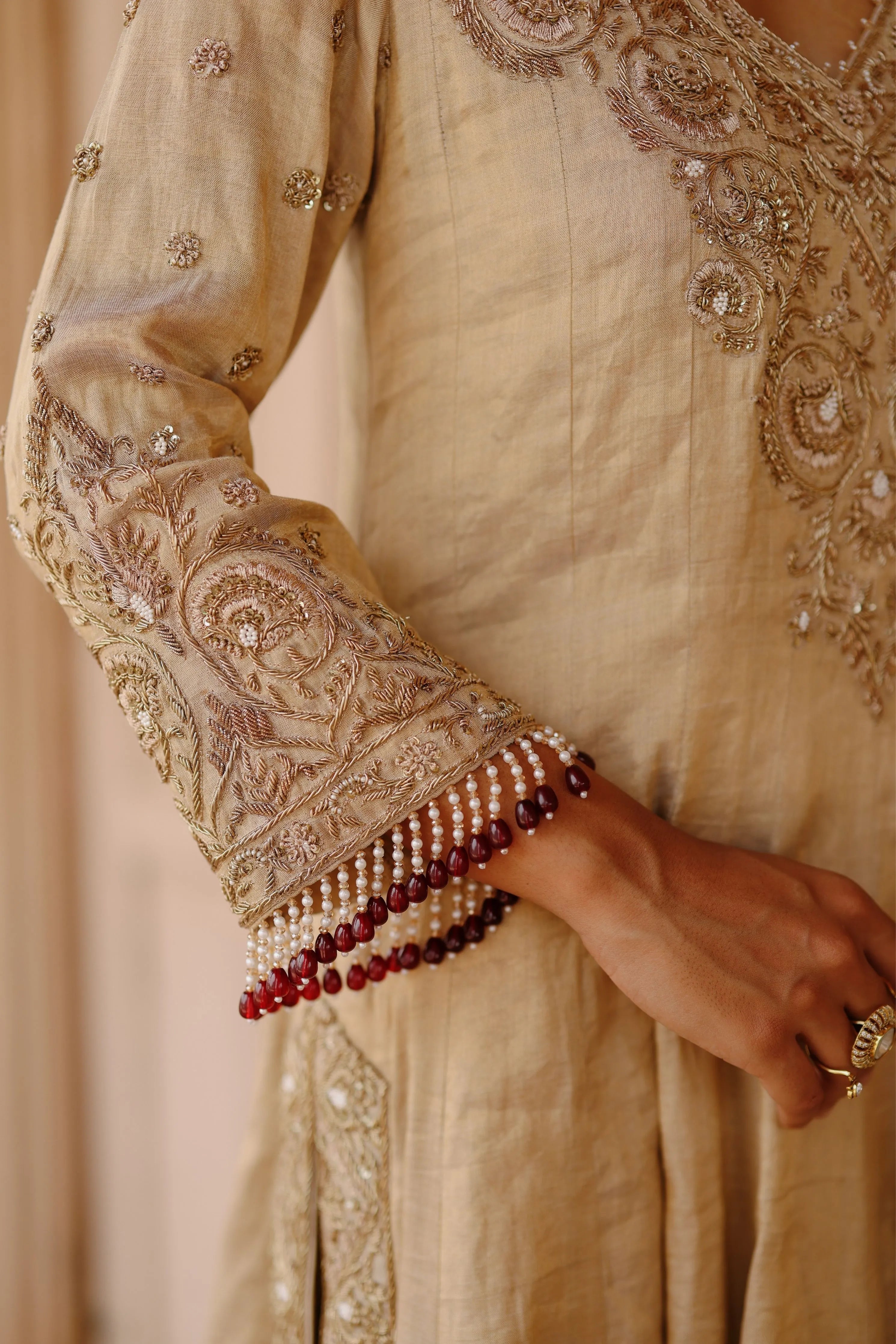 Rooh  Gold Tissue Long Kalidaar Anarkali Set with Palazzo & Dupatta
