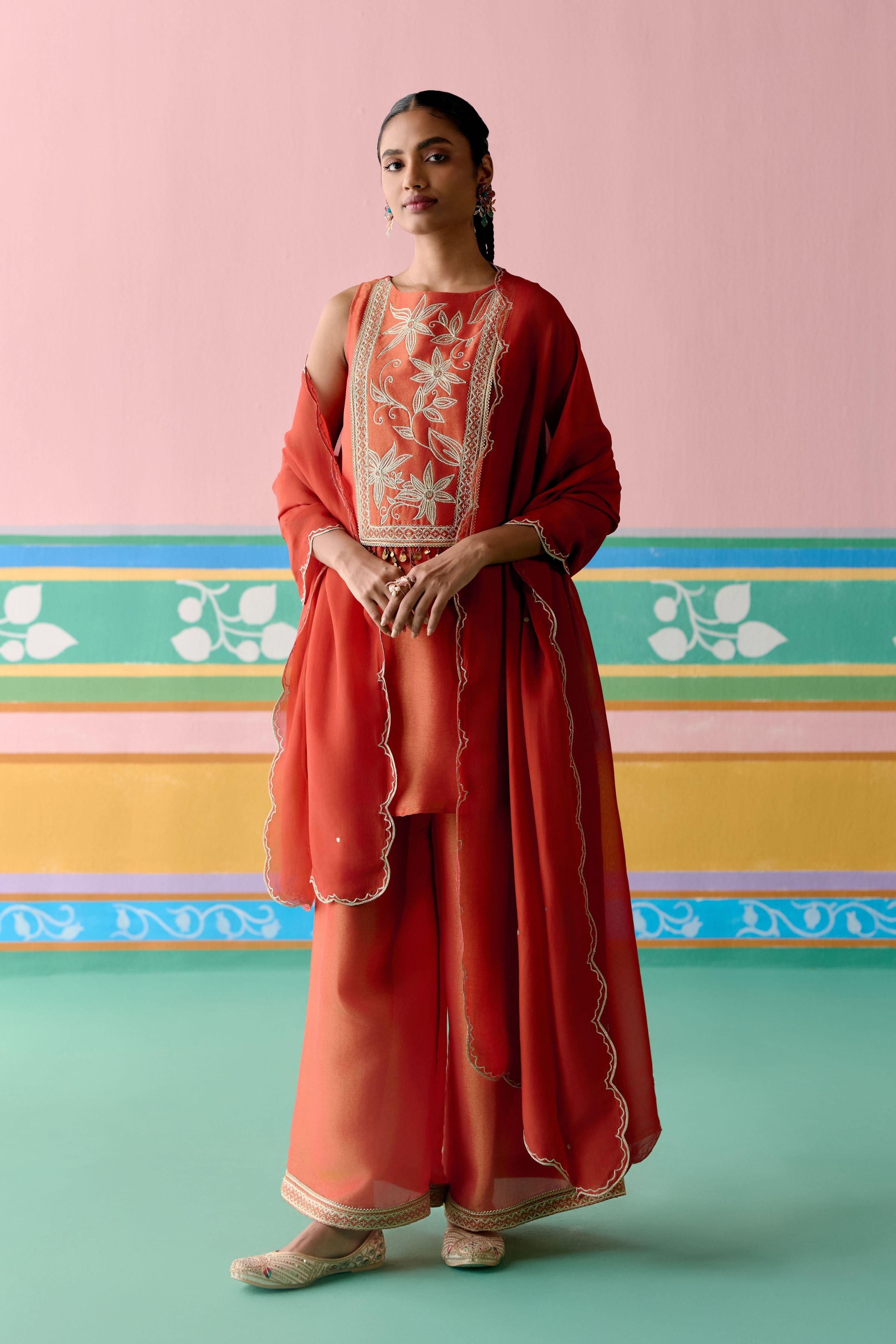 Rust Embroidered Sleeveless Kurta Set