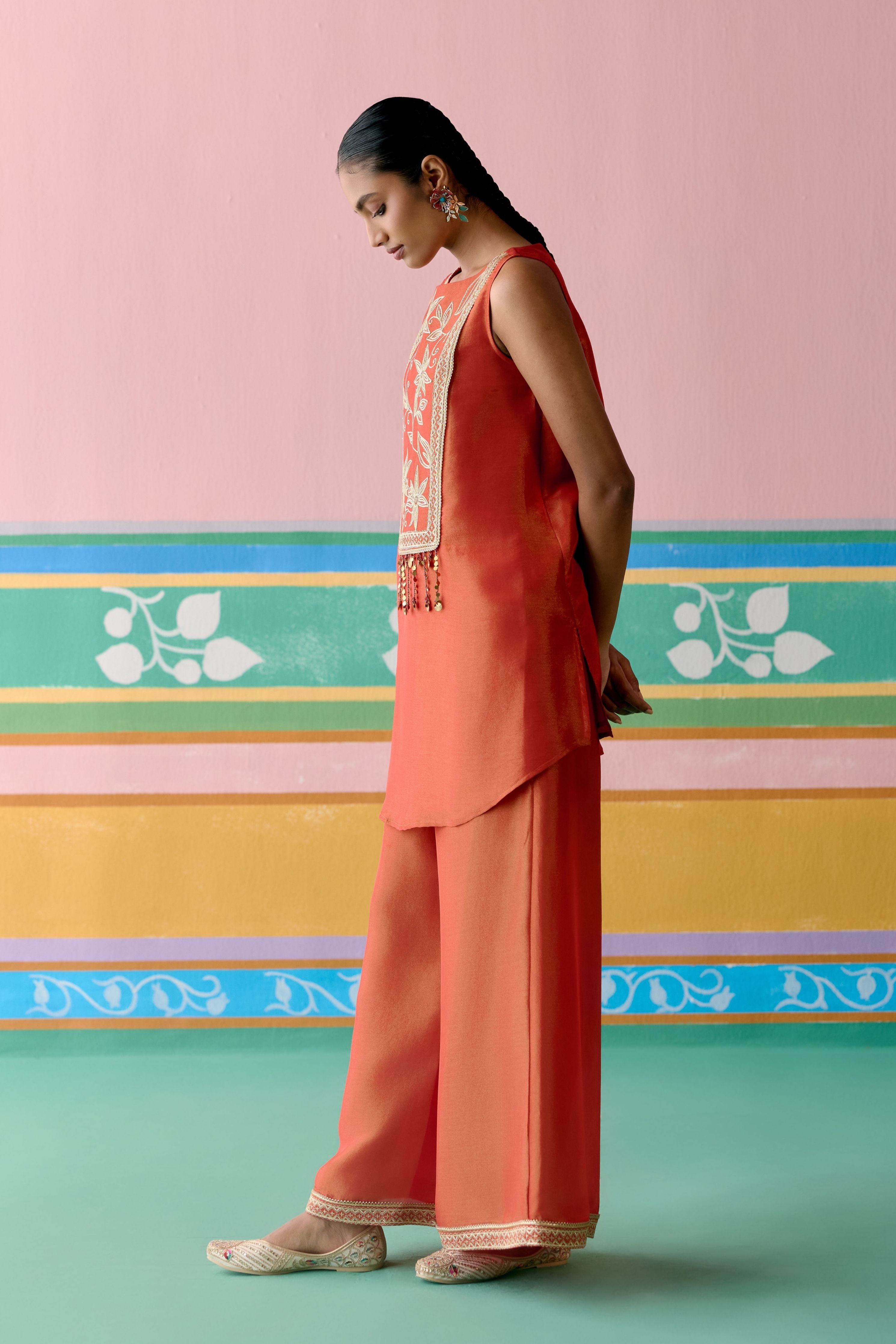 Rust Embroidered Sleeveless Kurta Set