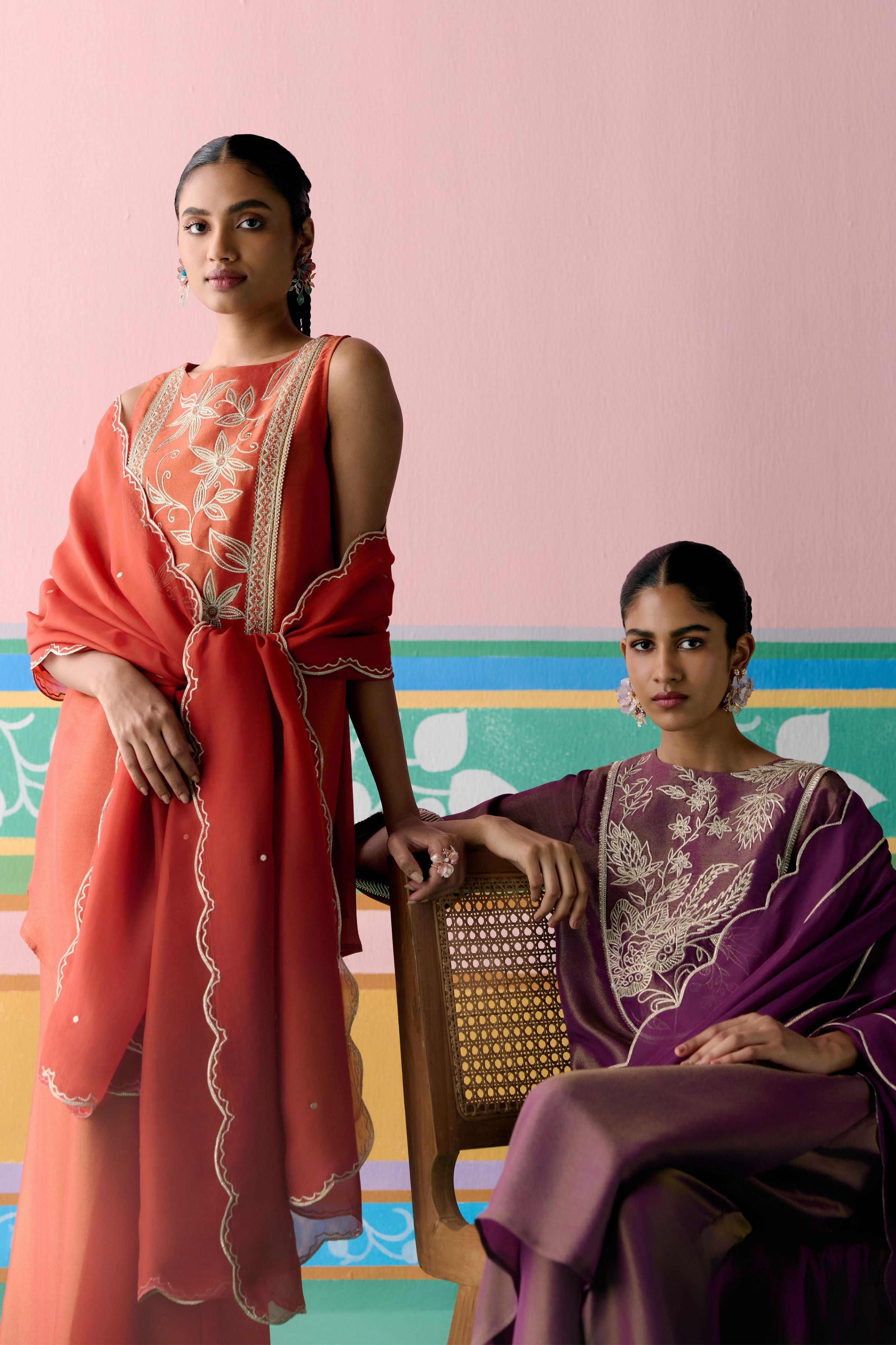 Rust Embroidered Sleeveless Kurta Set