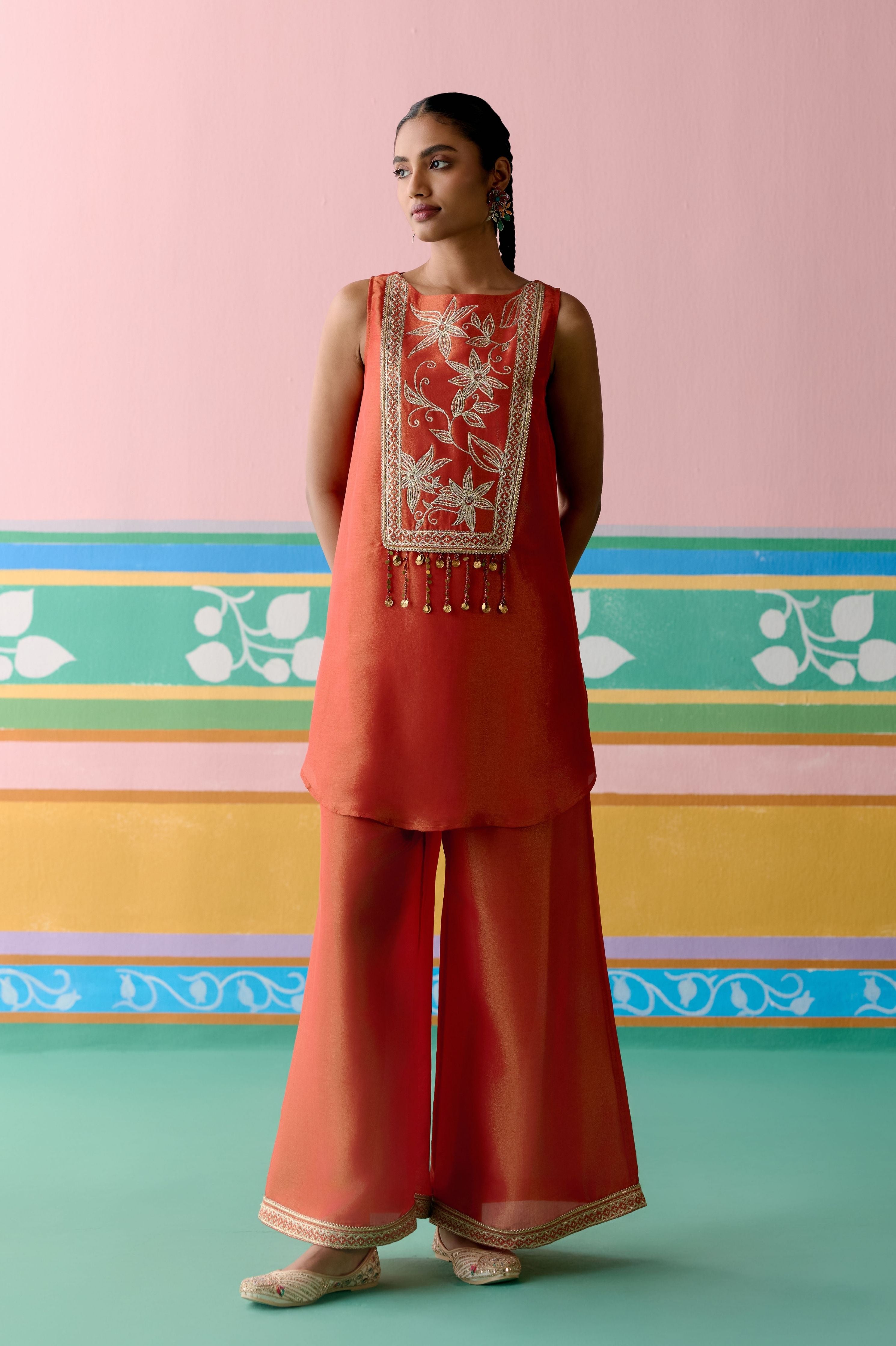 Rust Embroidered Sleeveless Kurta with Dupatta