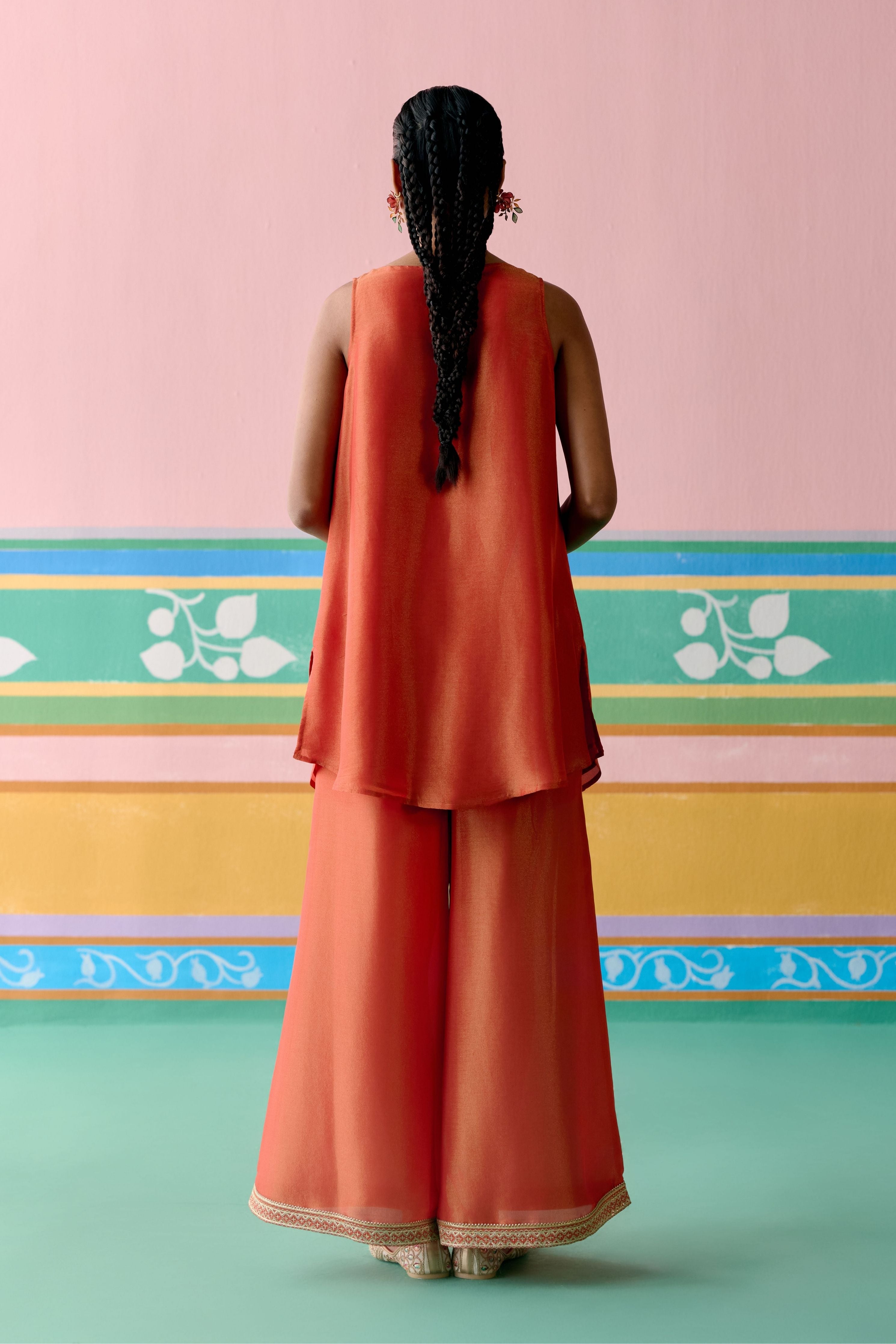 Rust Embroidered Sleeveless Kurta with Dupatta