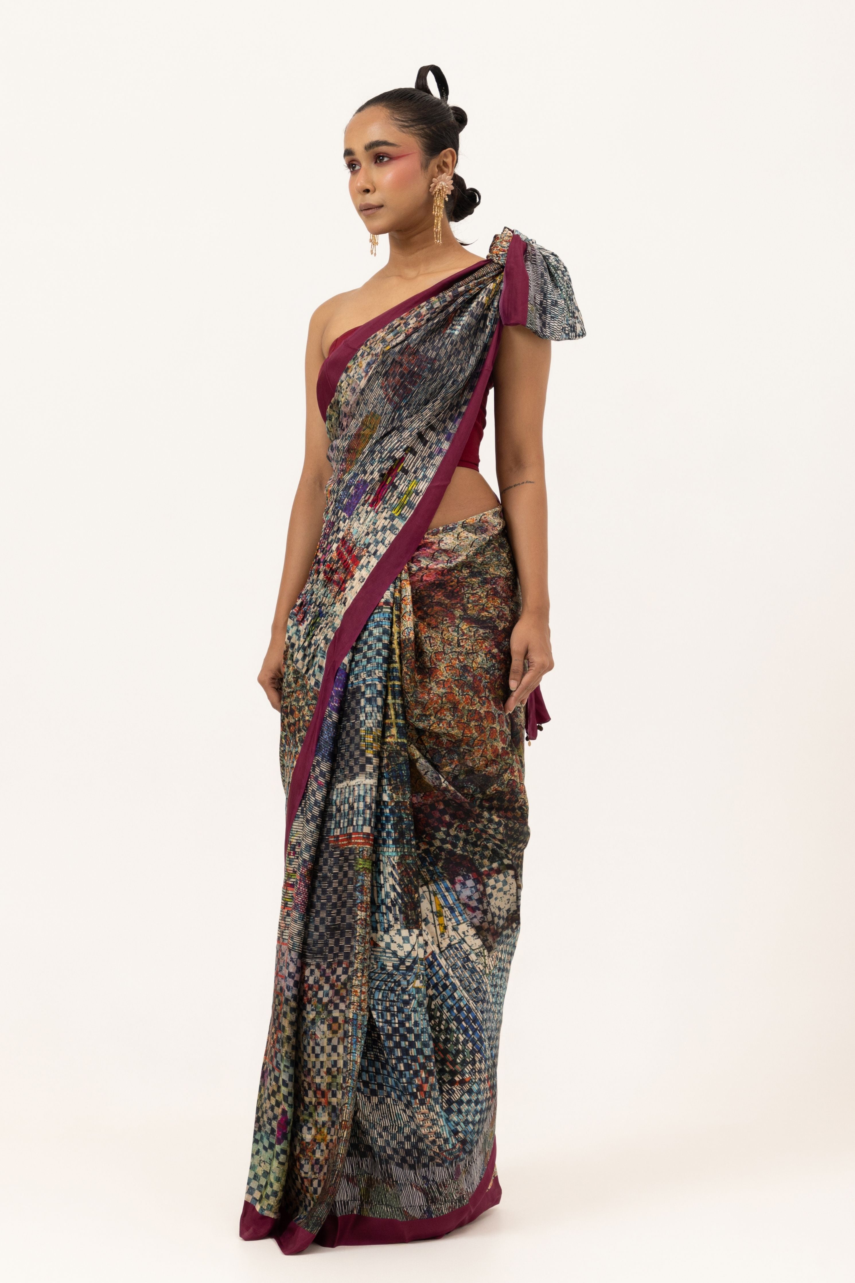 Wine Camouflage Silk Saree