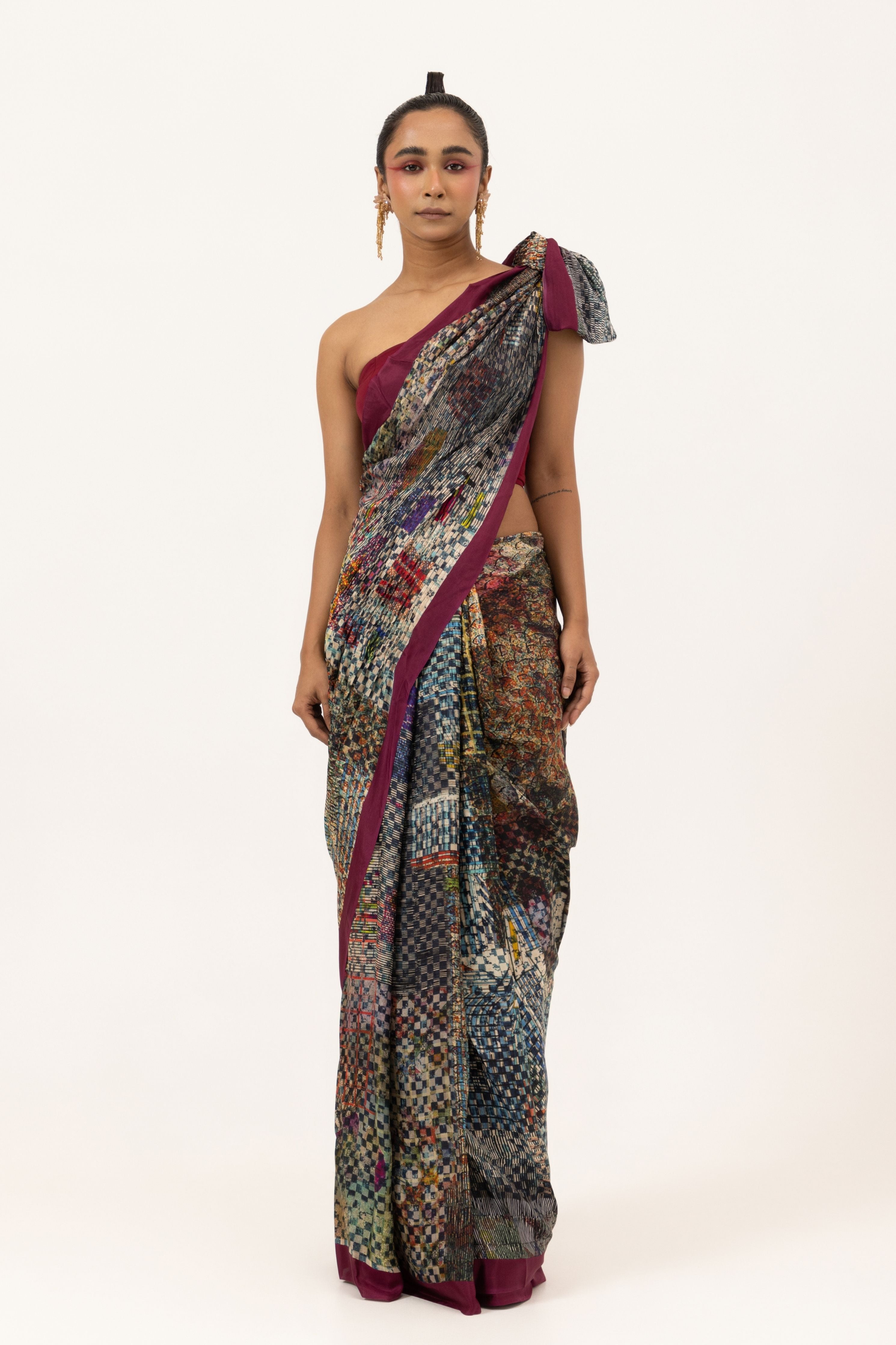 Wine Camouflage Silk Saree