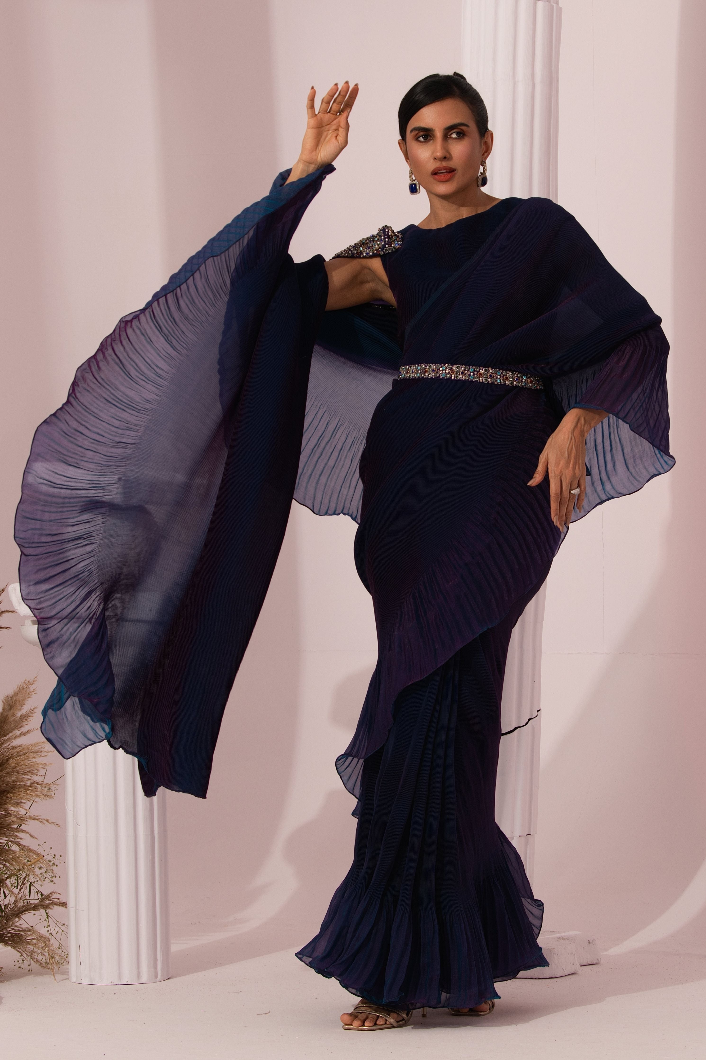 Metalic Peacock Blue  Pre-Draped Saree