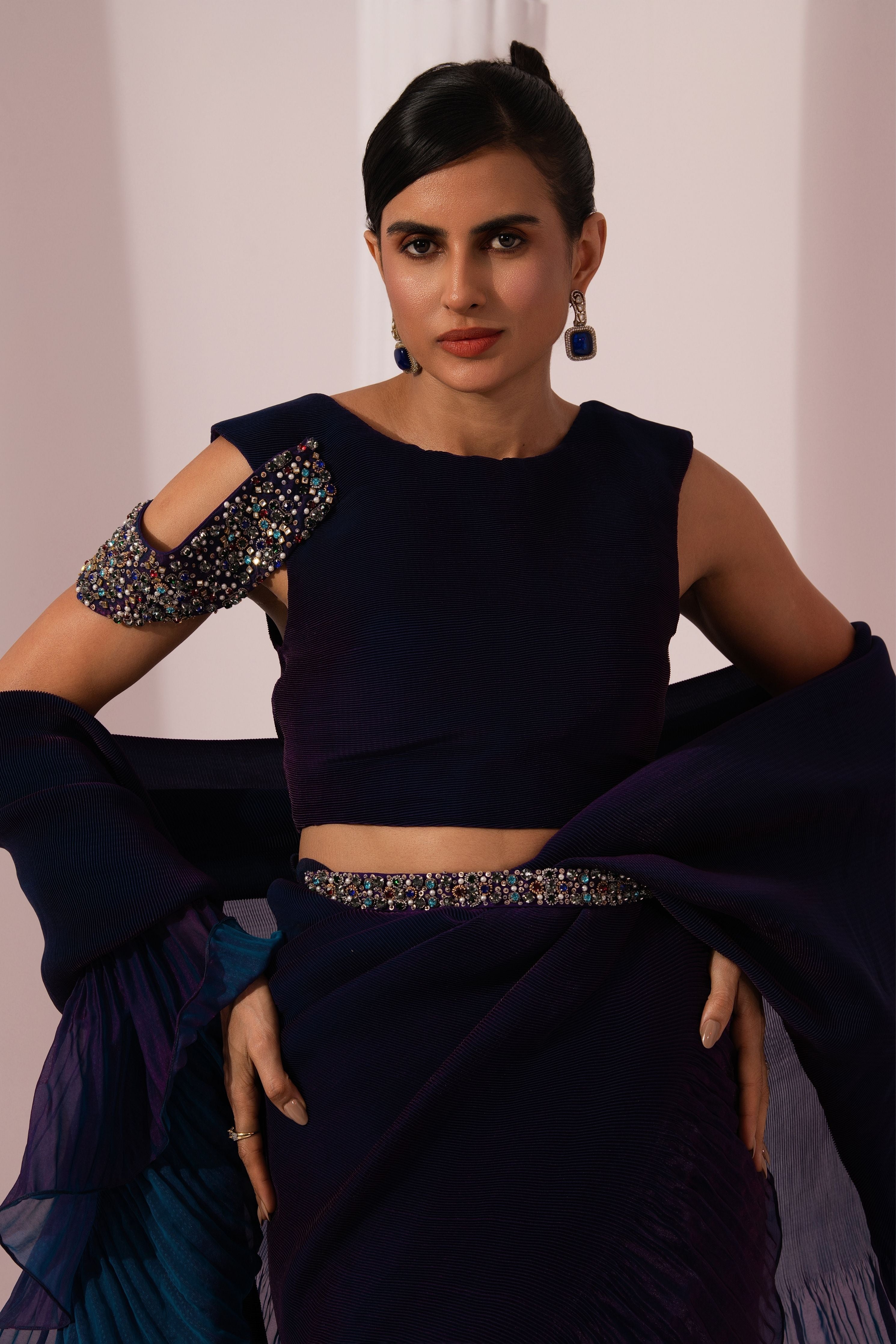 Metalic Peacock Blue  Pre-Draped Saree