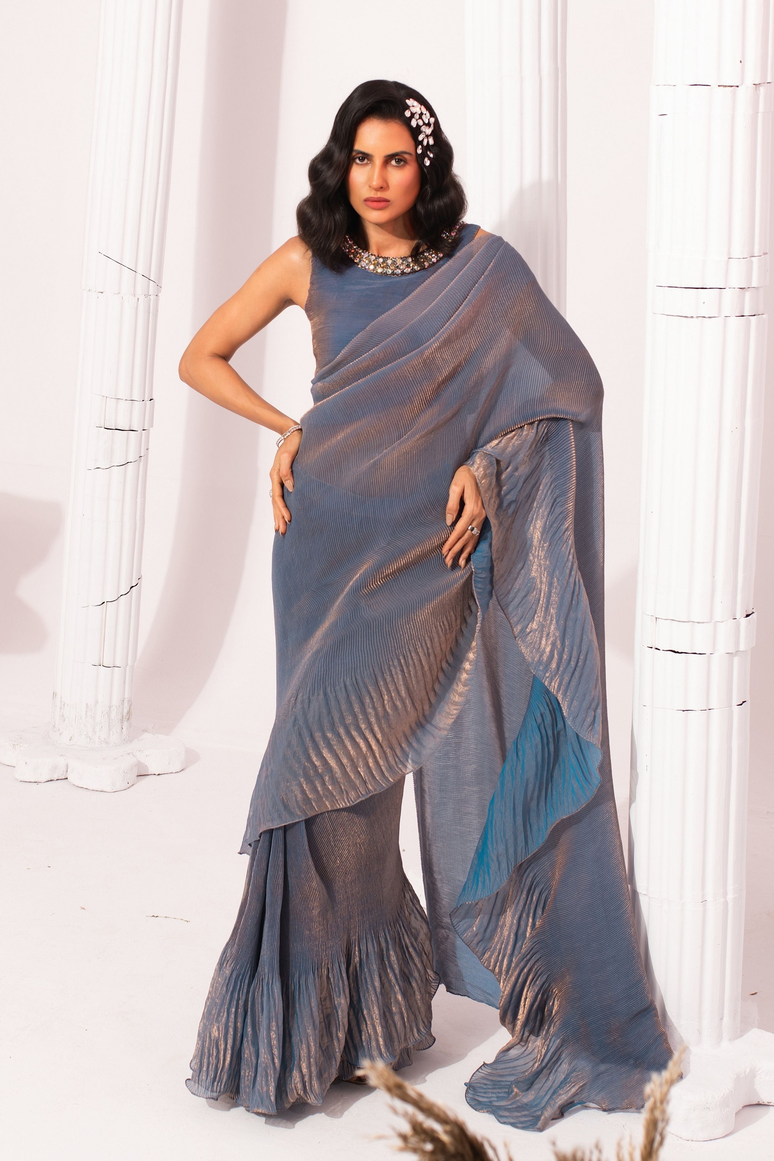 Metalic Steel Blue Pre-Draped Saree