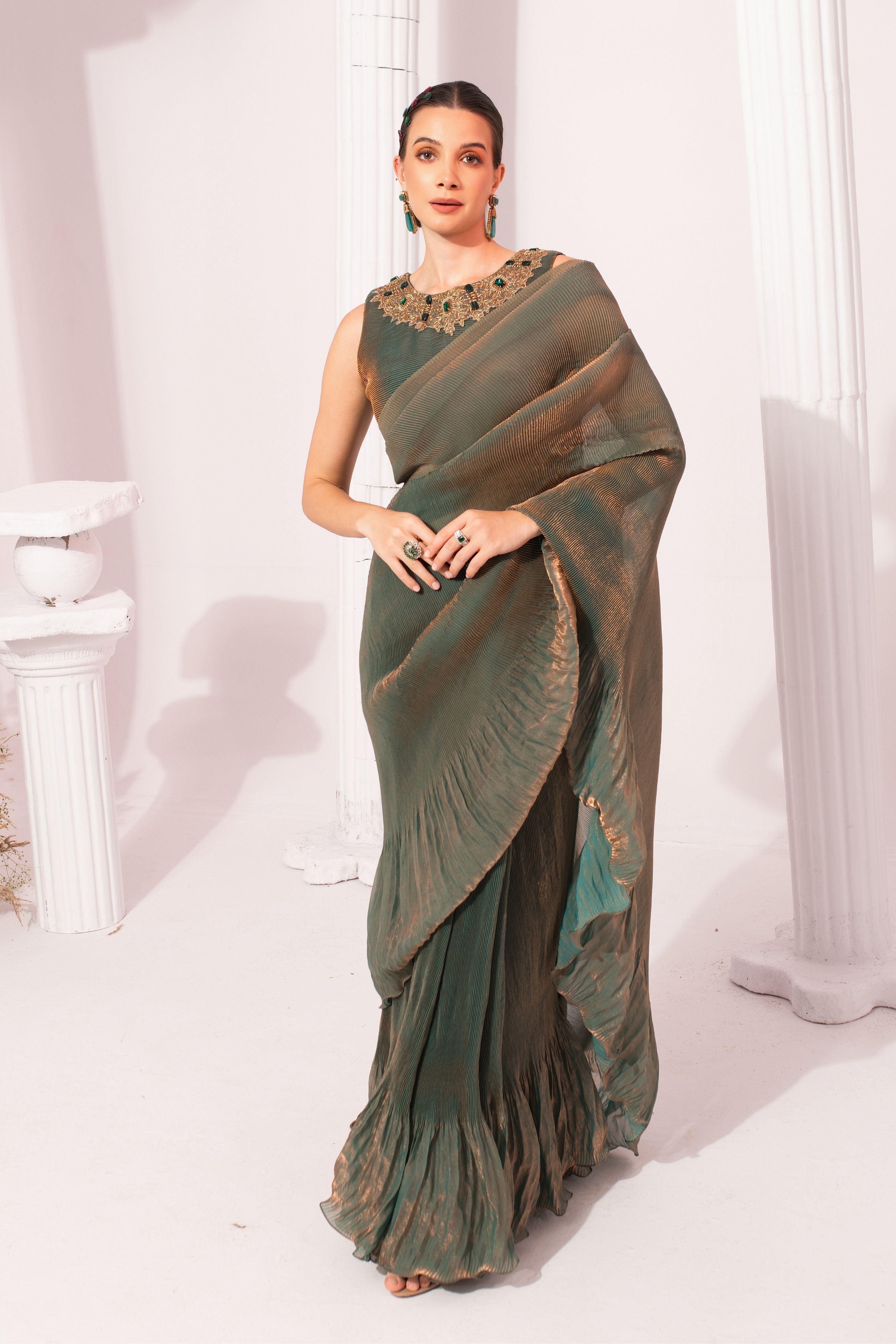 Metalic Moss Green Pre-Draped Saree