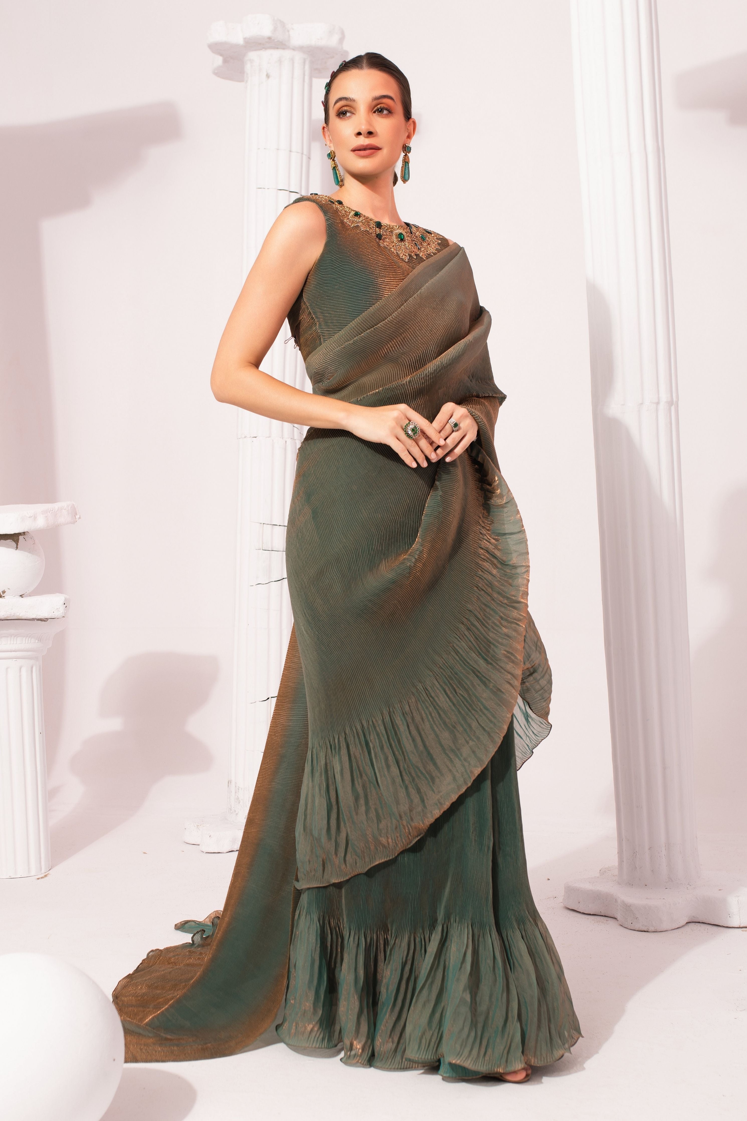 Metalic Moss Green Pre-Draped Saree
