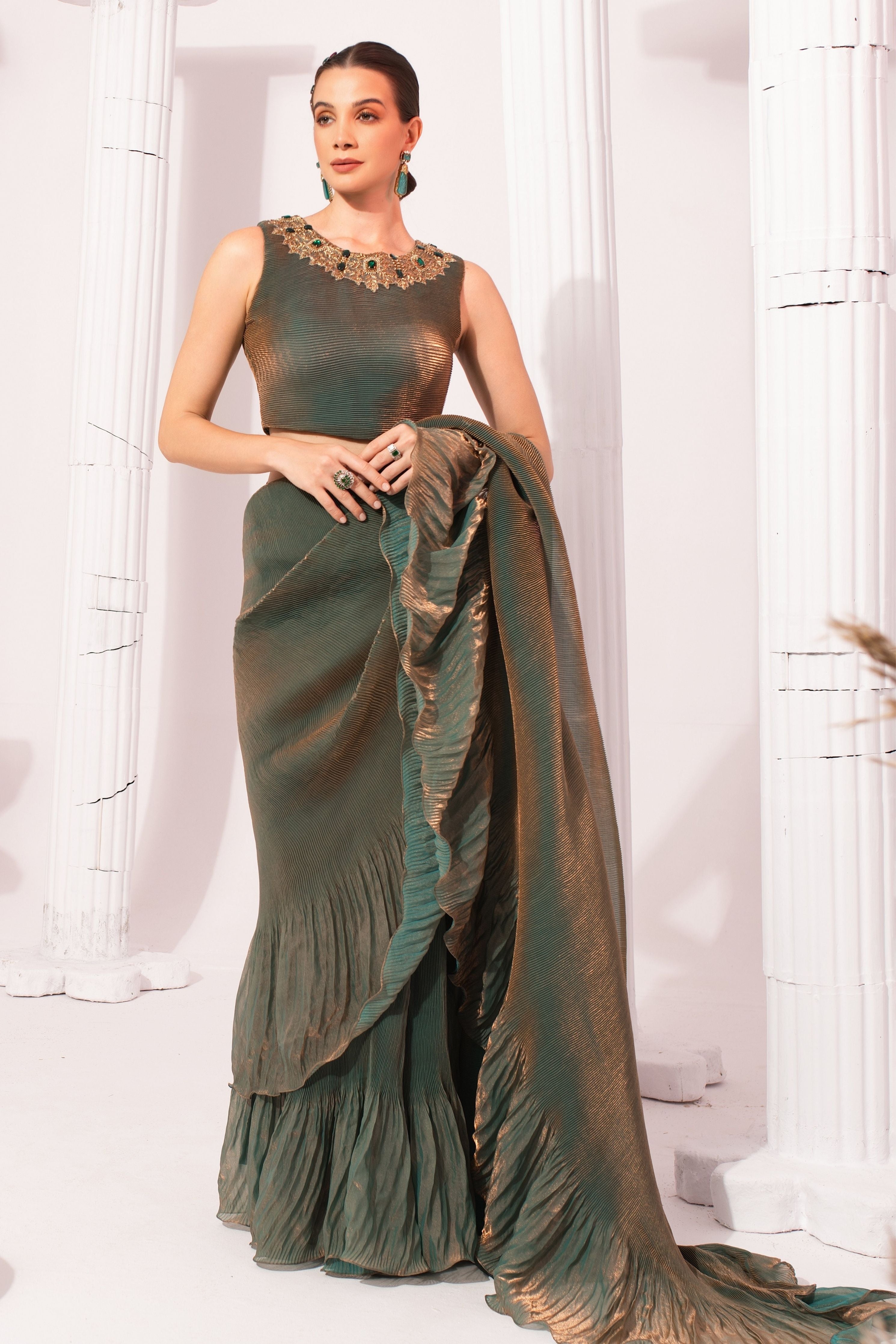 Metalic Moss Green Pre-Draped Saree