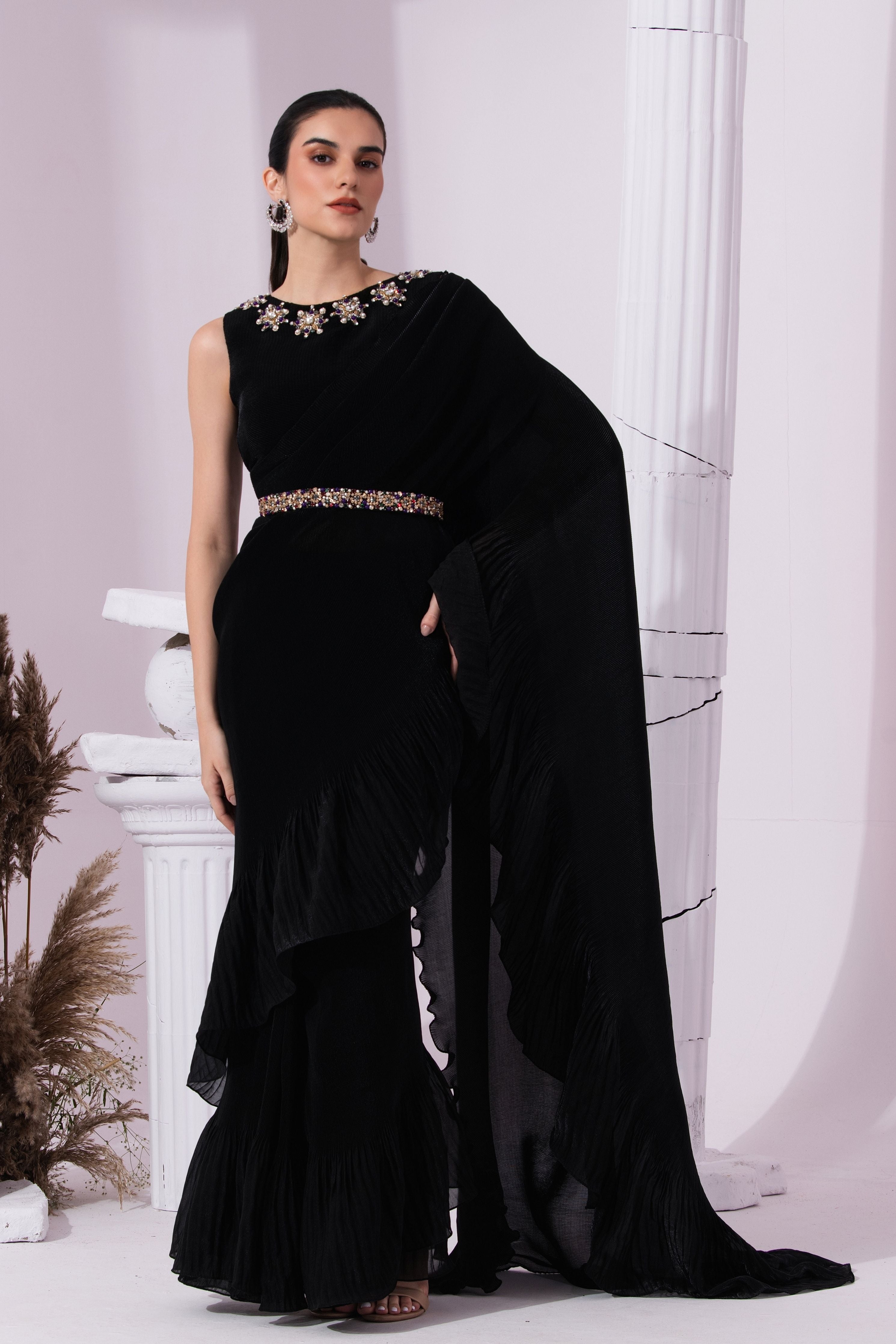 Metalic Jet Black Pre-Draped Saree