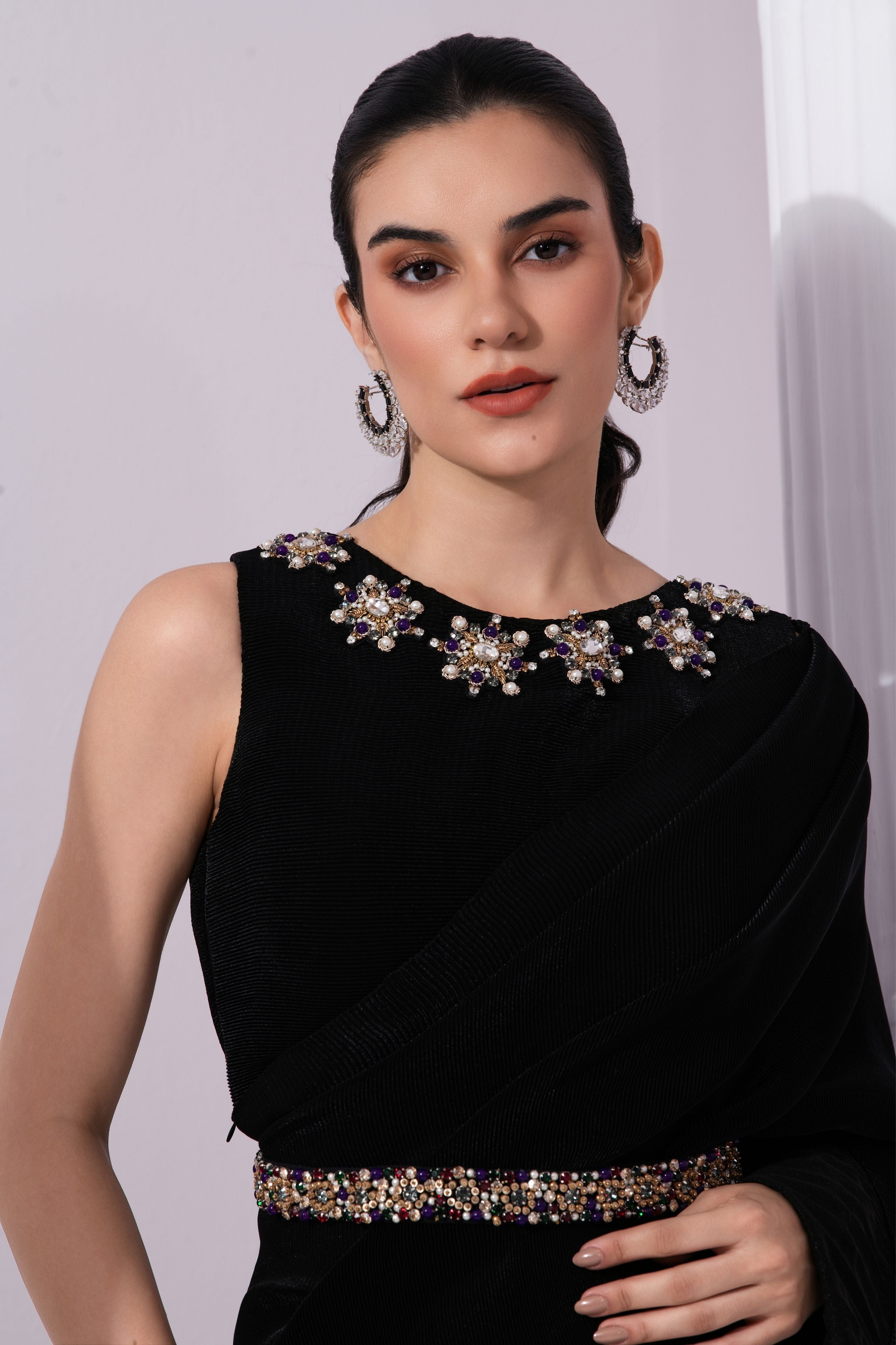 Metalic Jet Black Pre-Draped Saree