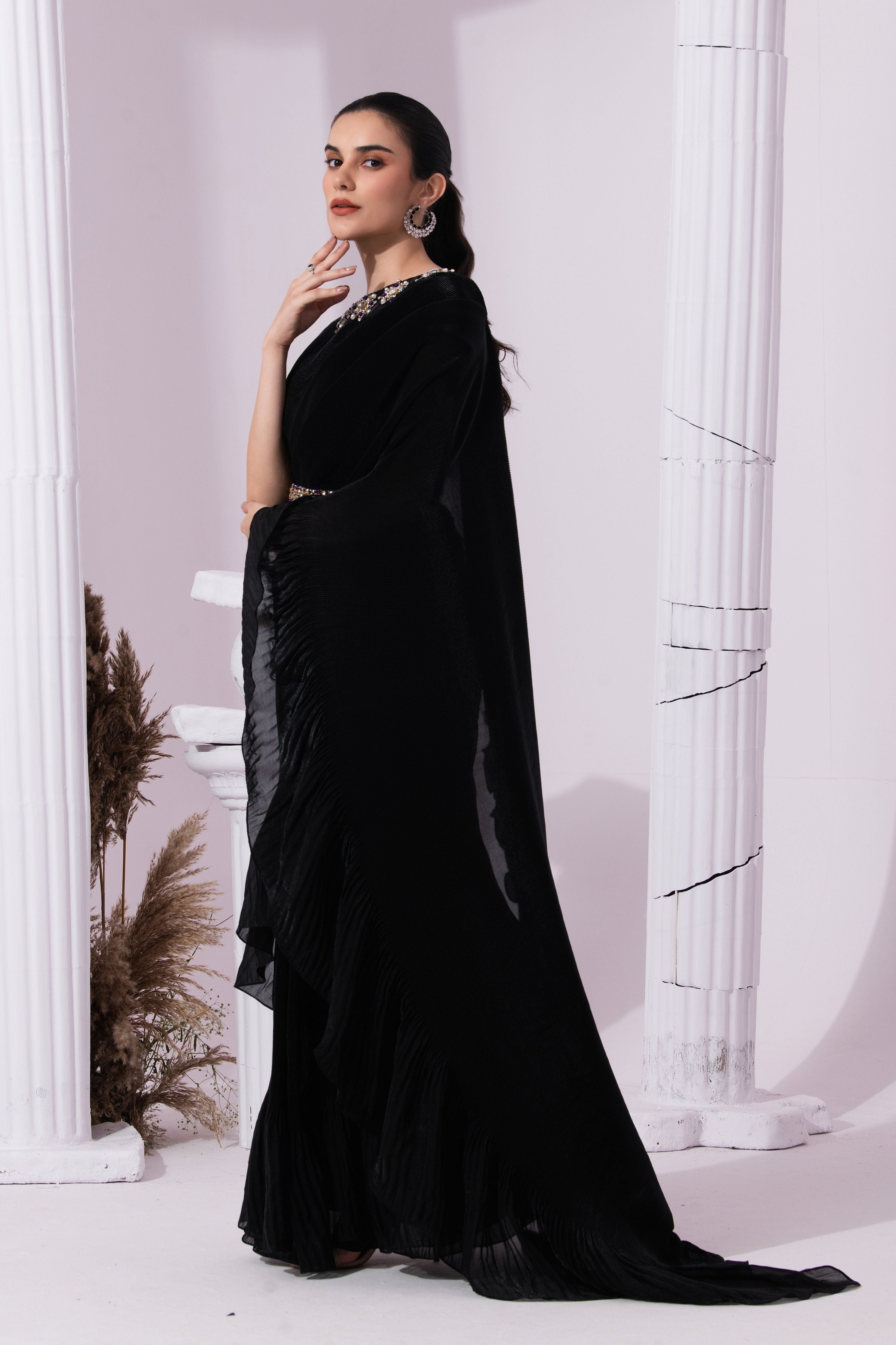 Metalic Jet Black Pre-Draped Saree