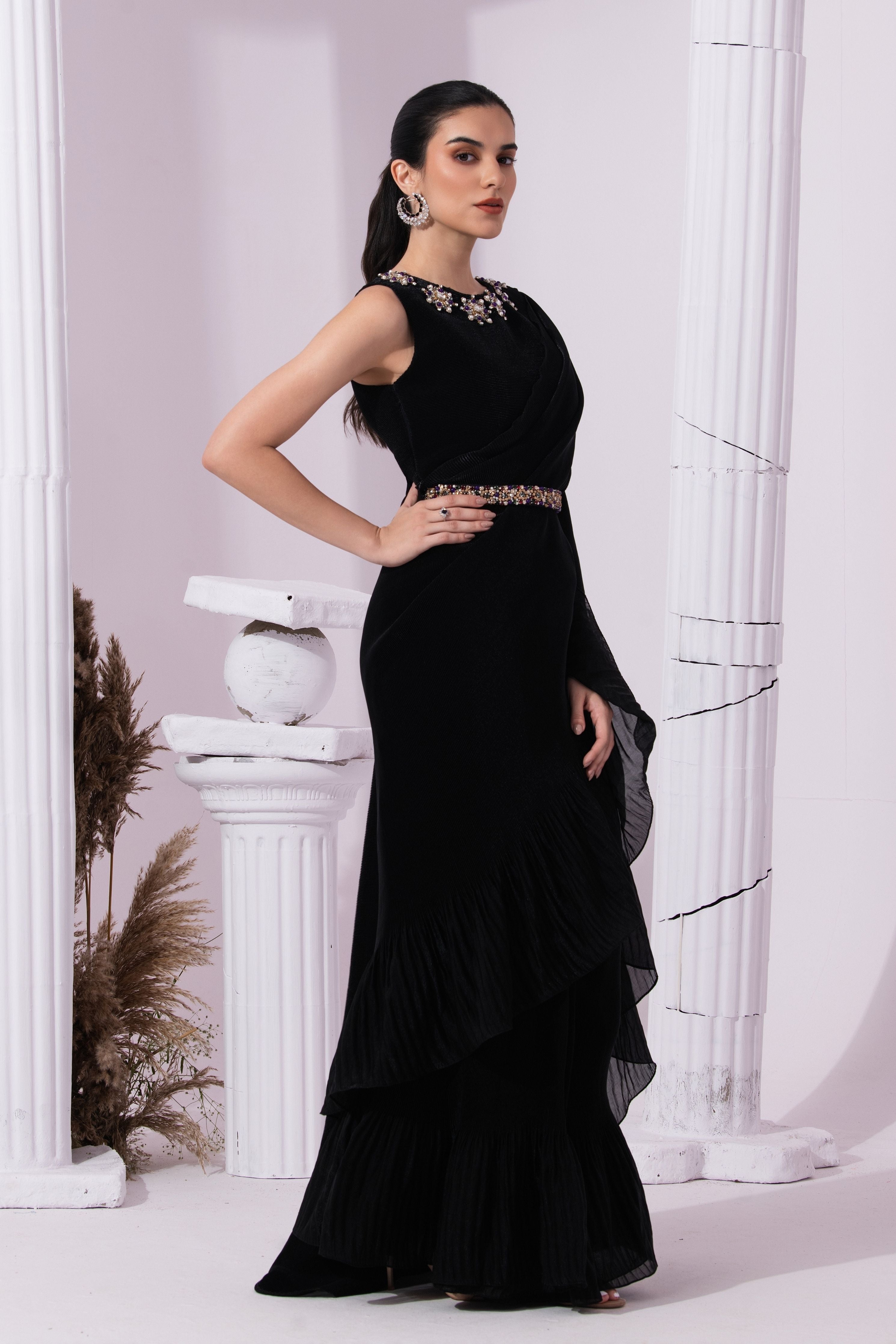 Metalic Jet Black Pre-Draped Saree