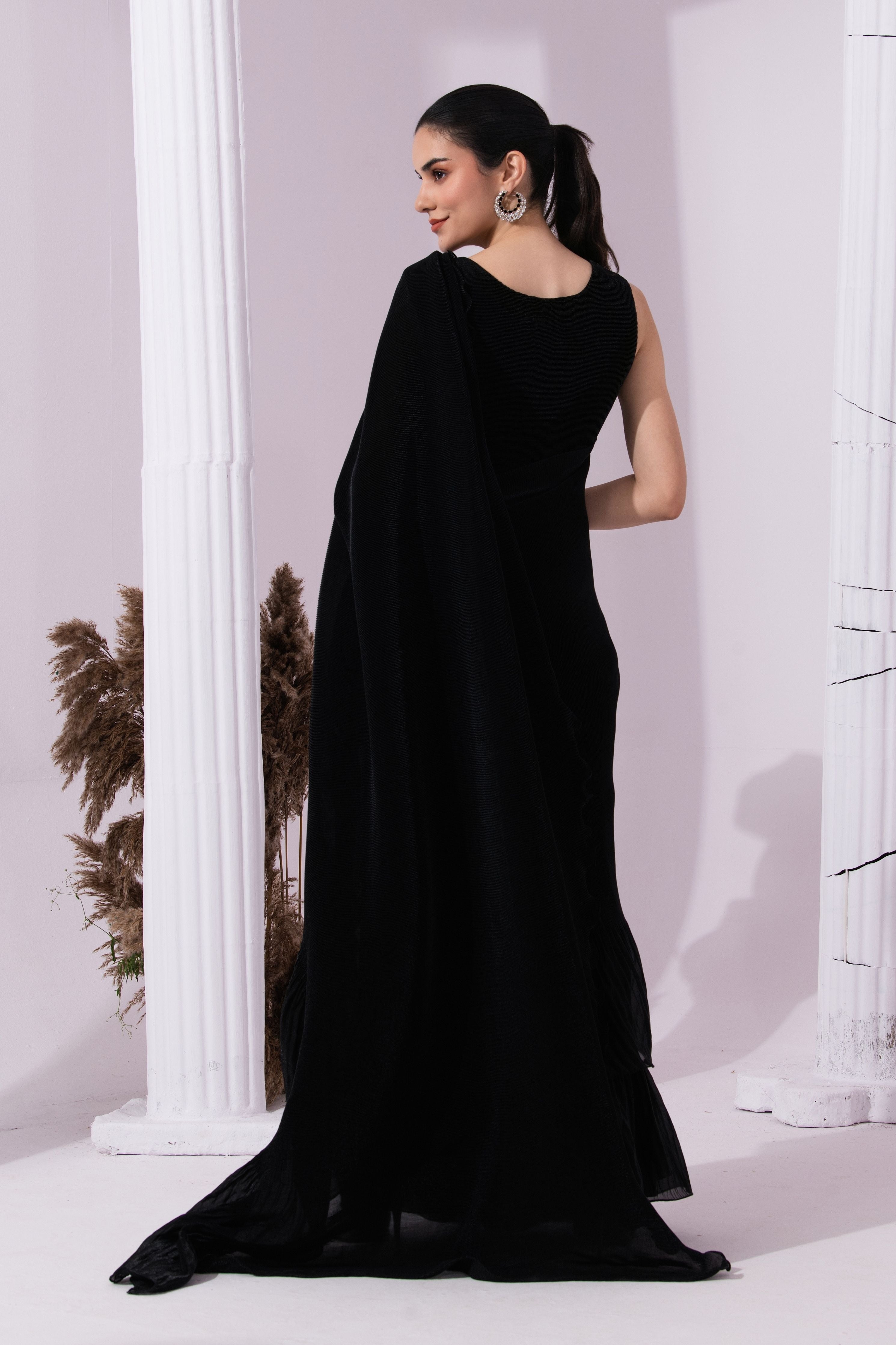 Metalic Jet Black Pre-Draped Saree