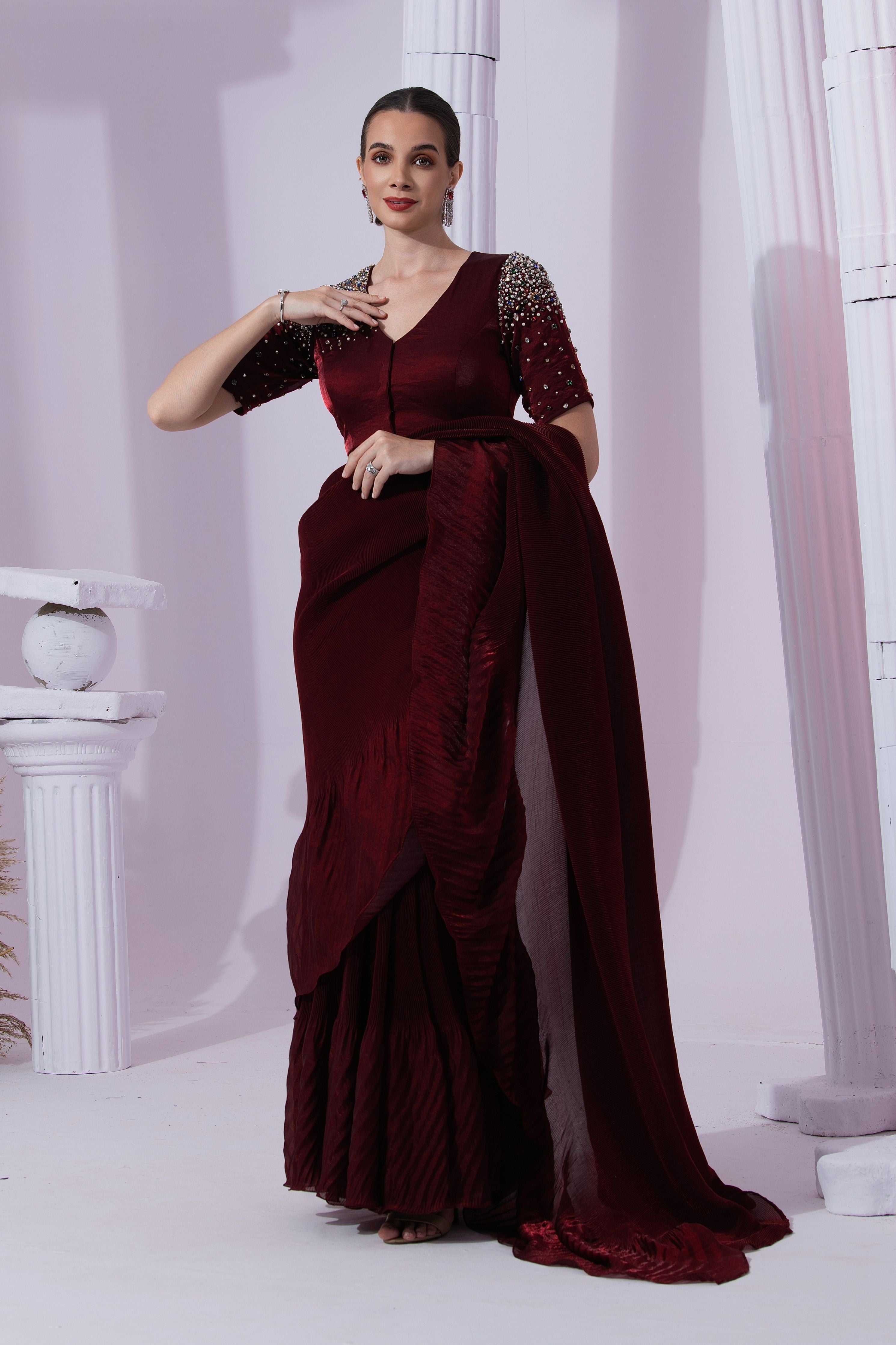 Metalic Wine Red Pre-Draped Saree