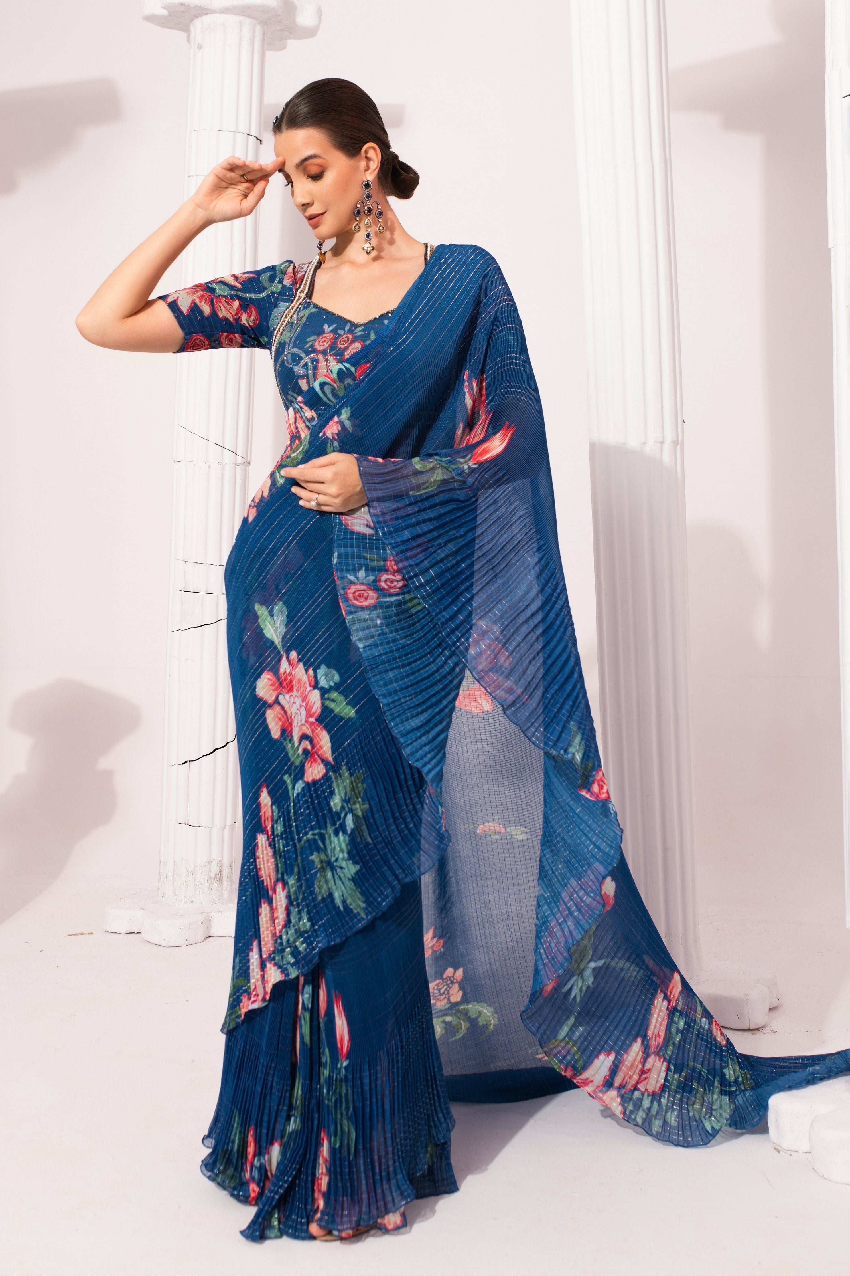 Wildflower Deep Blue Pre-Draped Saree