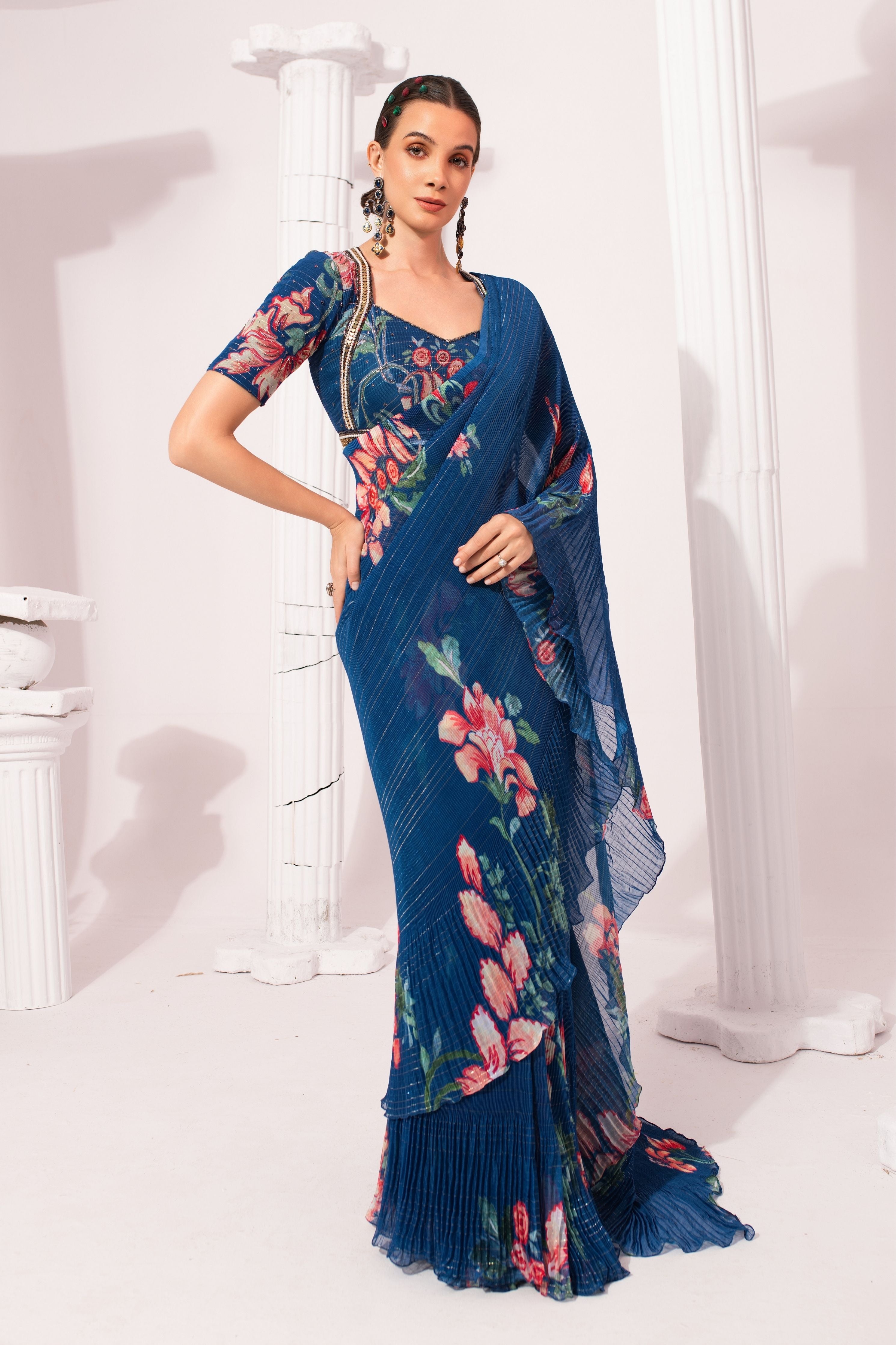 Wildflower Deep Blue Pre-Draped Saree