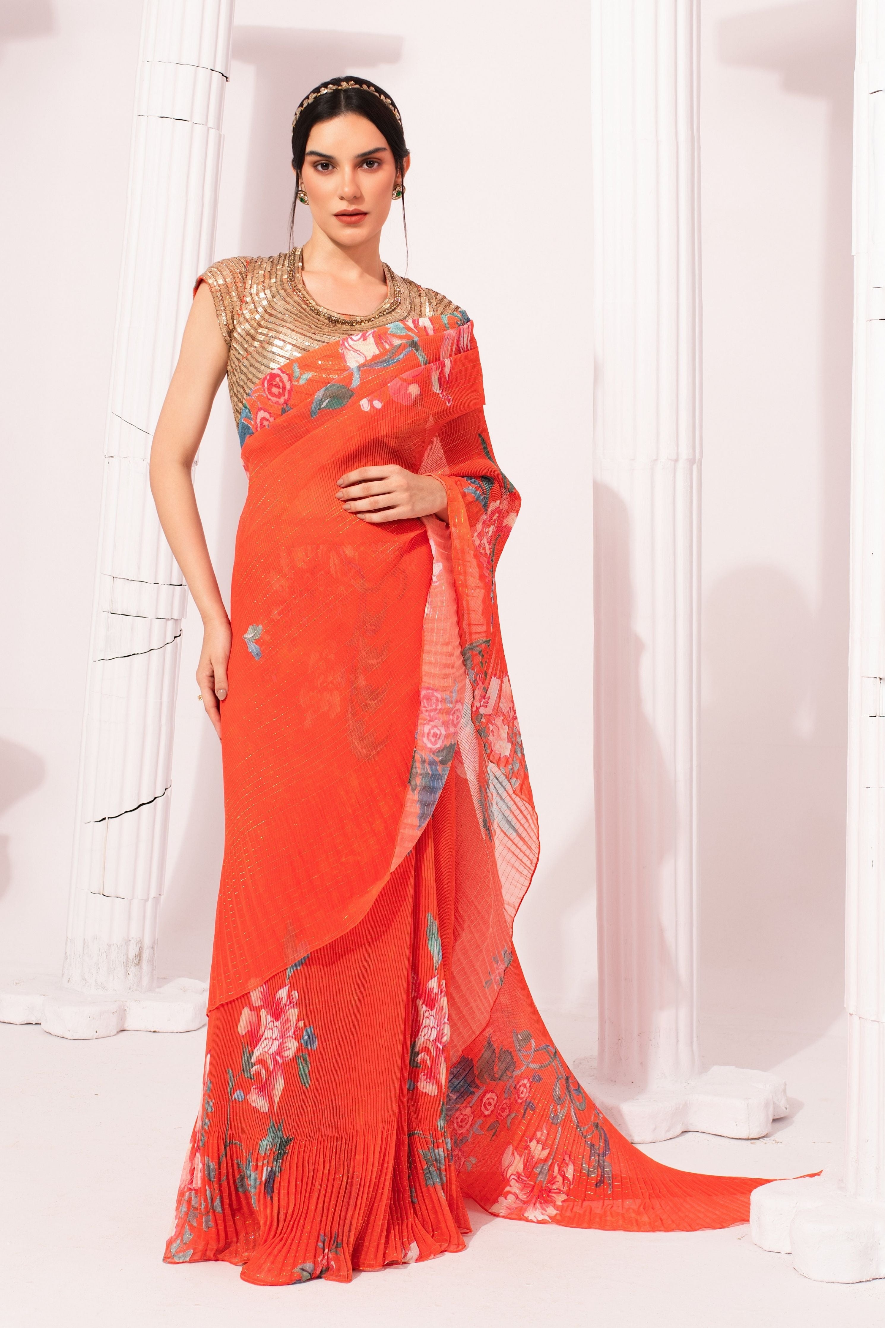 Wildflower Muse Orangey Red Pre-Draped Saree