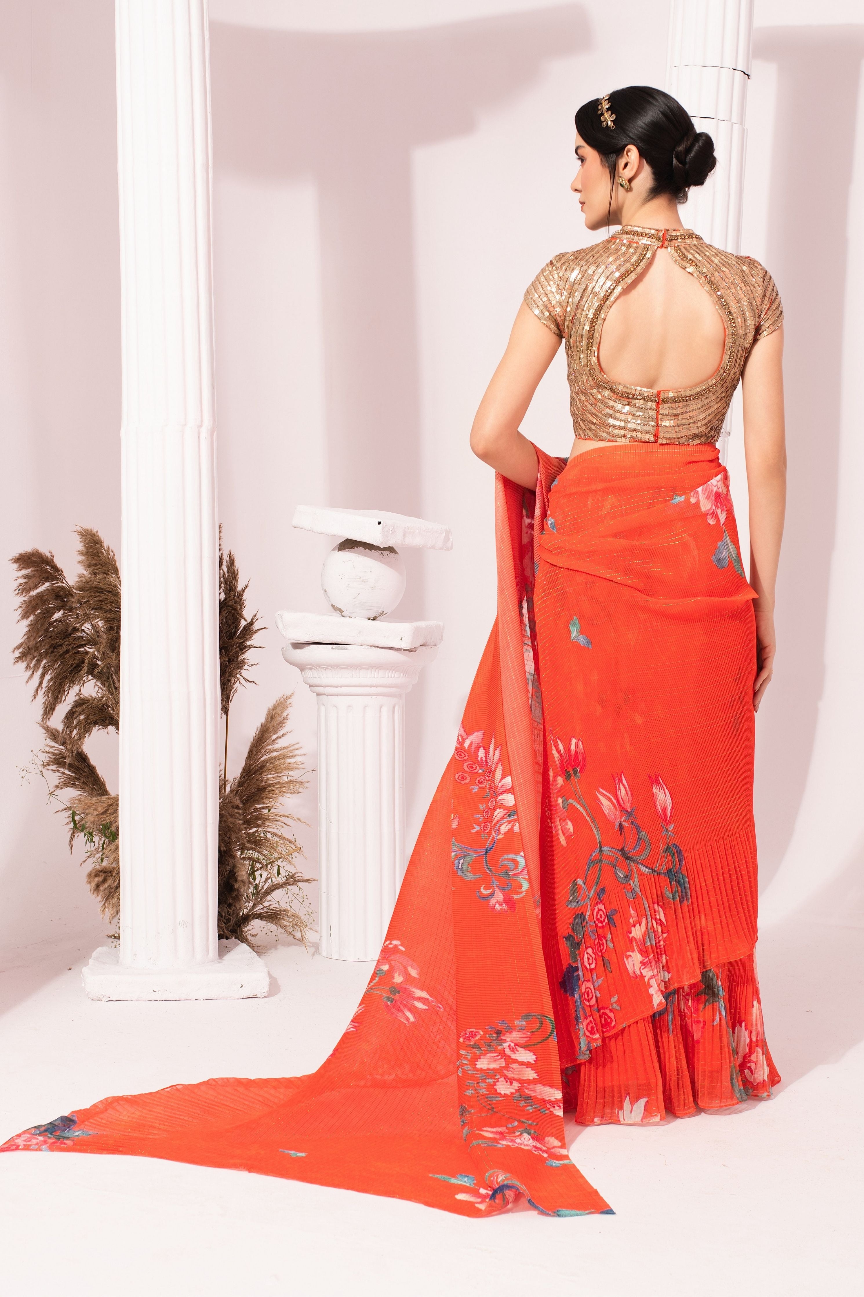 Wildflower Muse Orangey Red Pre-Draped Saree