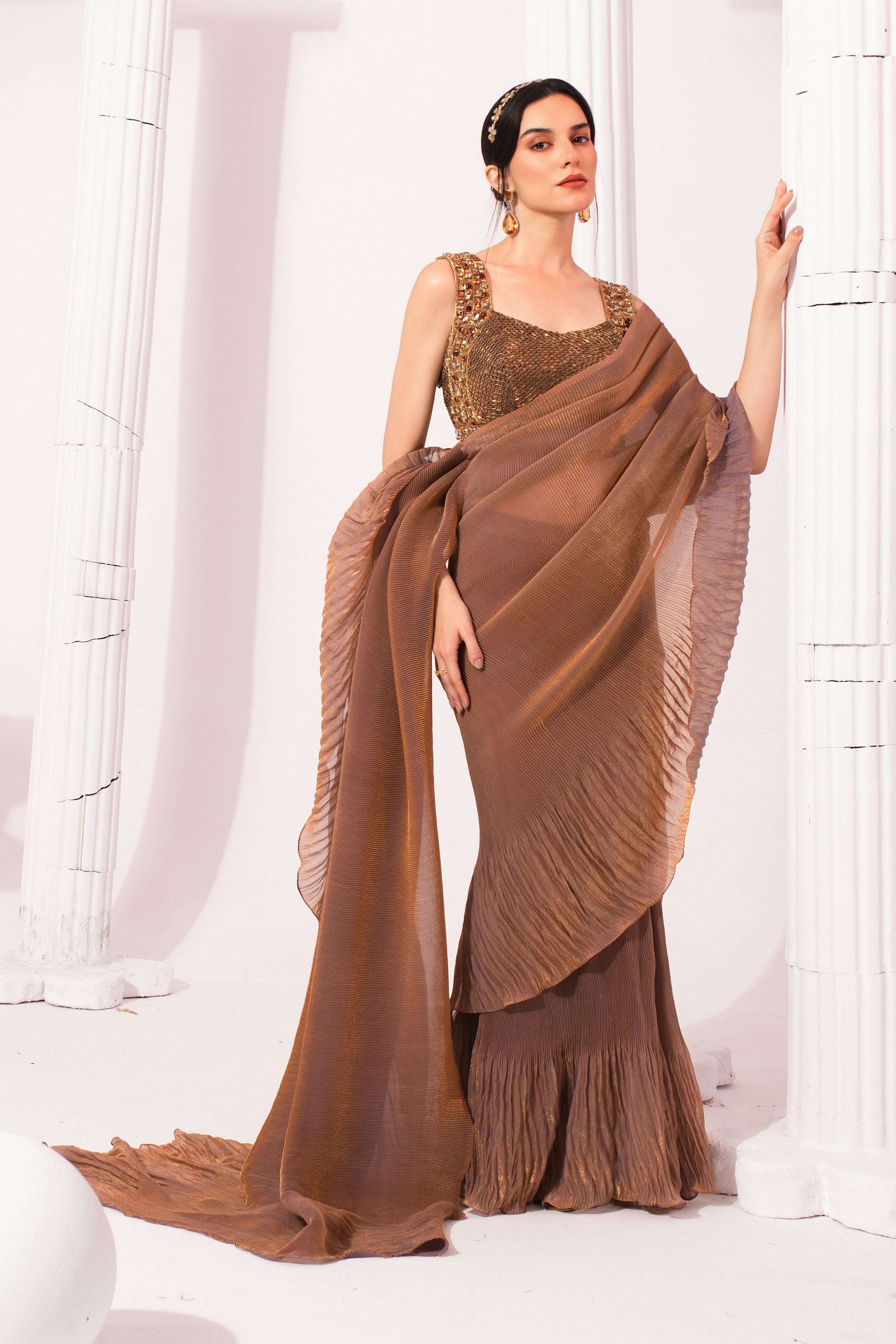 Metalic Chestnut Pre-Draped Saree