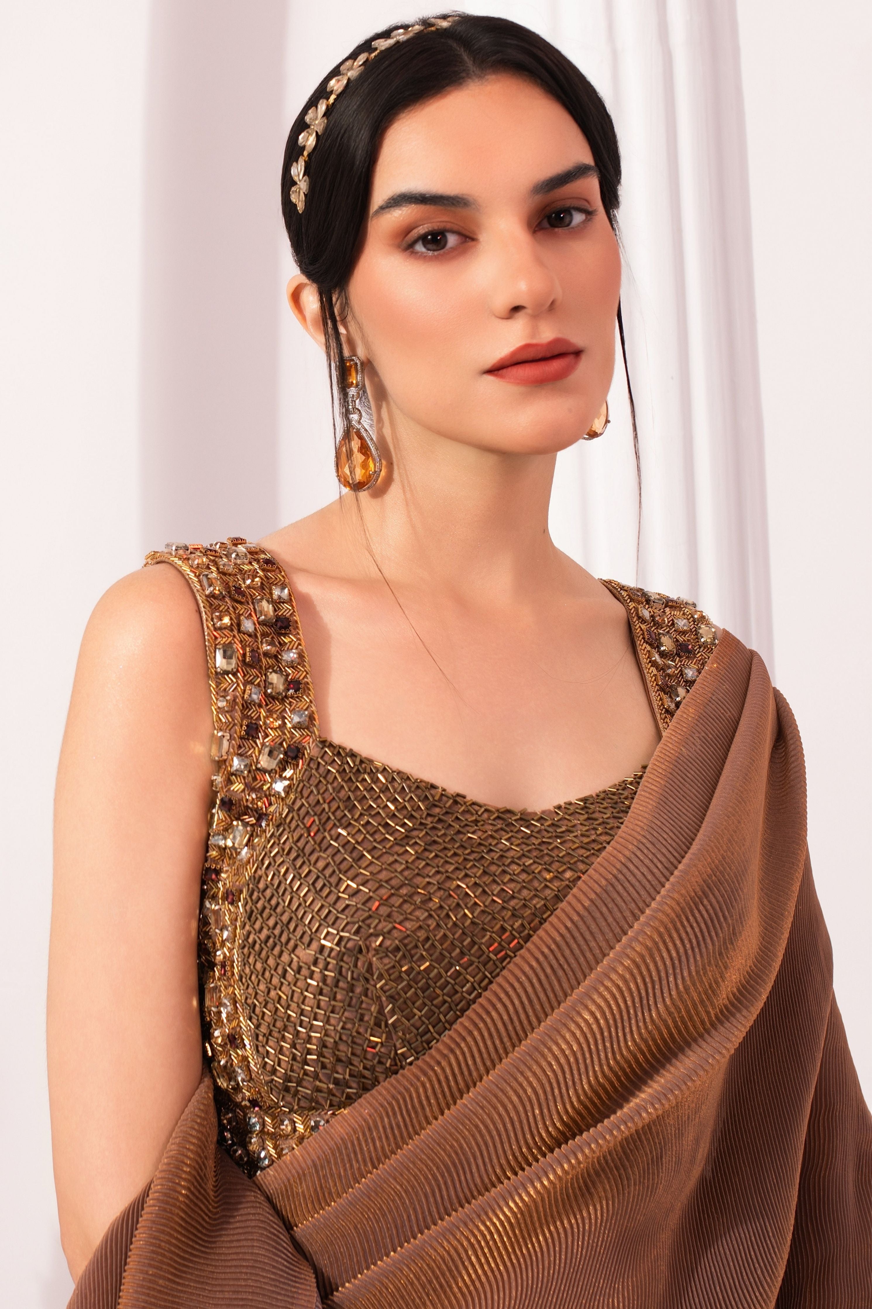 Metalic Chestnut Pre-Draped Saree