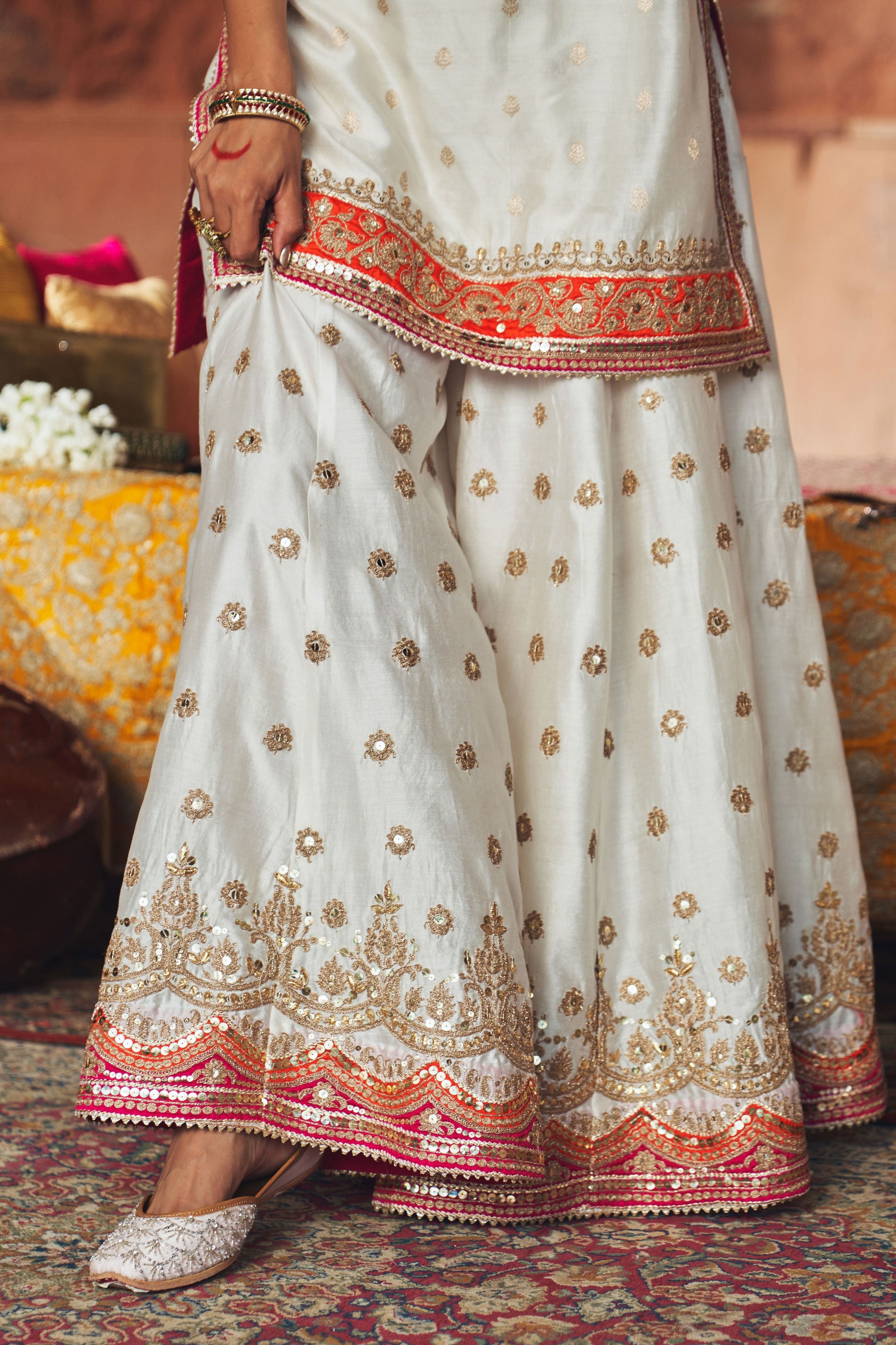 Samreen  Daisy Ivory Short Kurta With Sharara And Dupatta