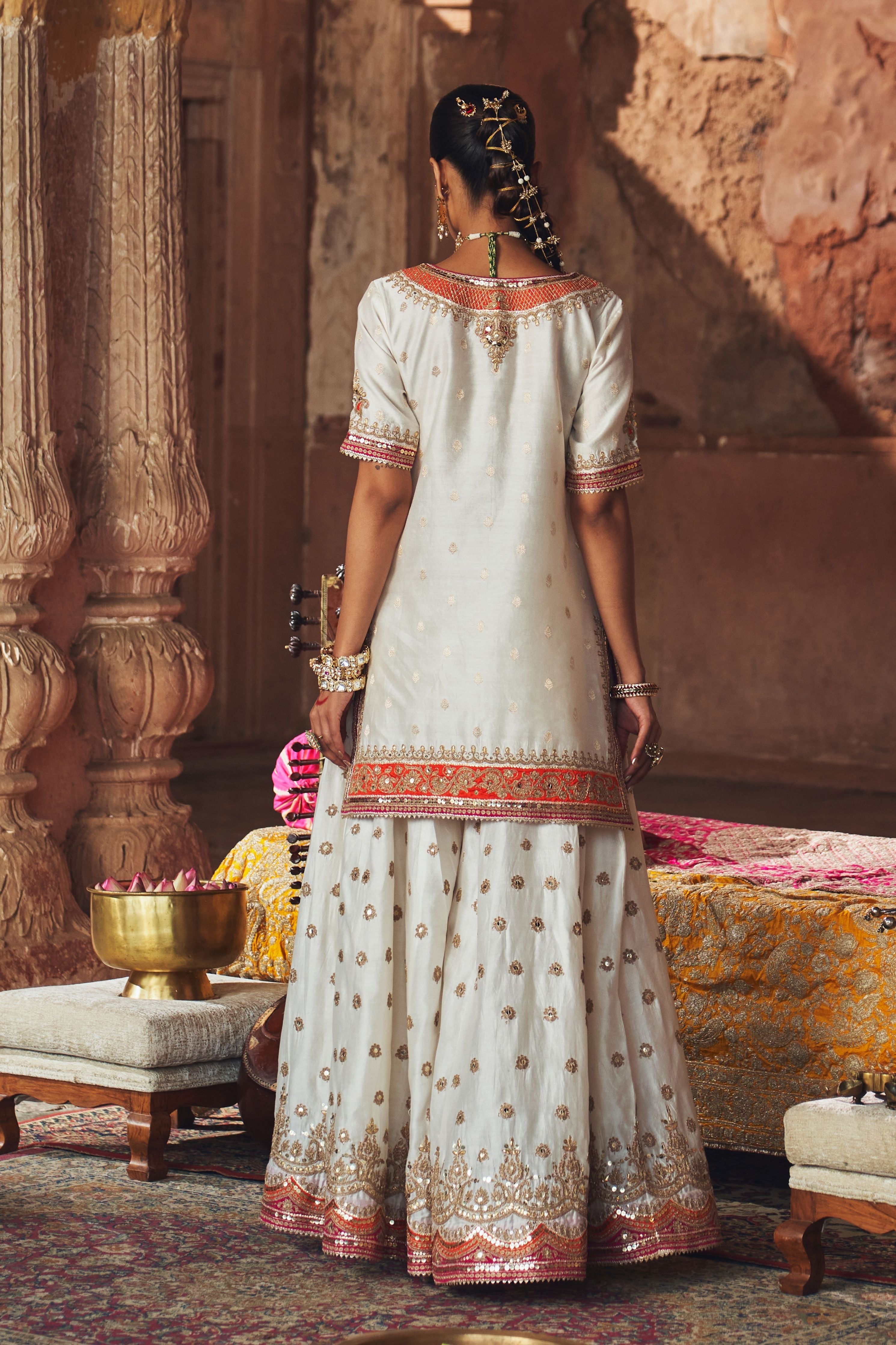 Samreen  Daisy Ivory Short Kurta With Sharara And Dupatta