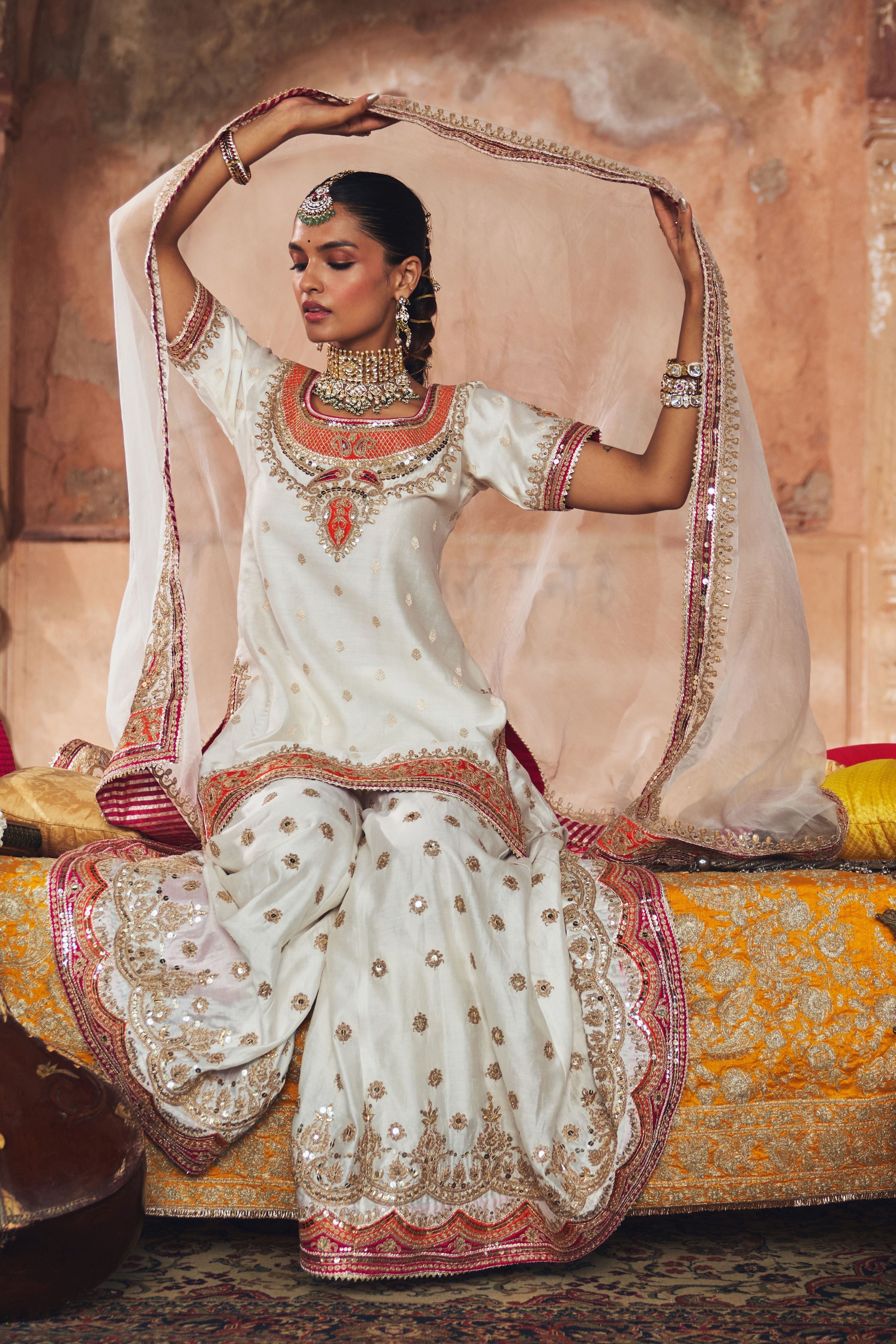 Samreen  Daisy Ivory Short Kurta With Sharara And Dupatta