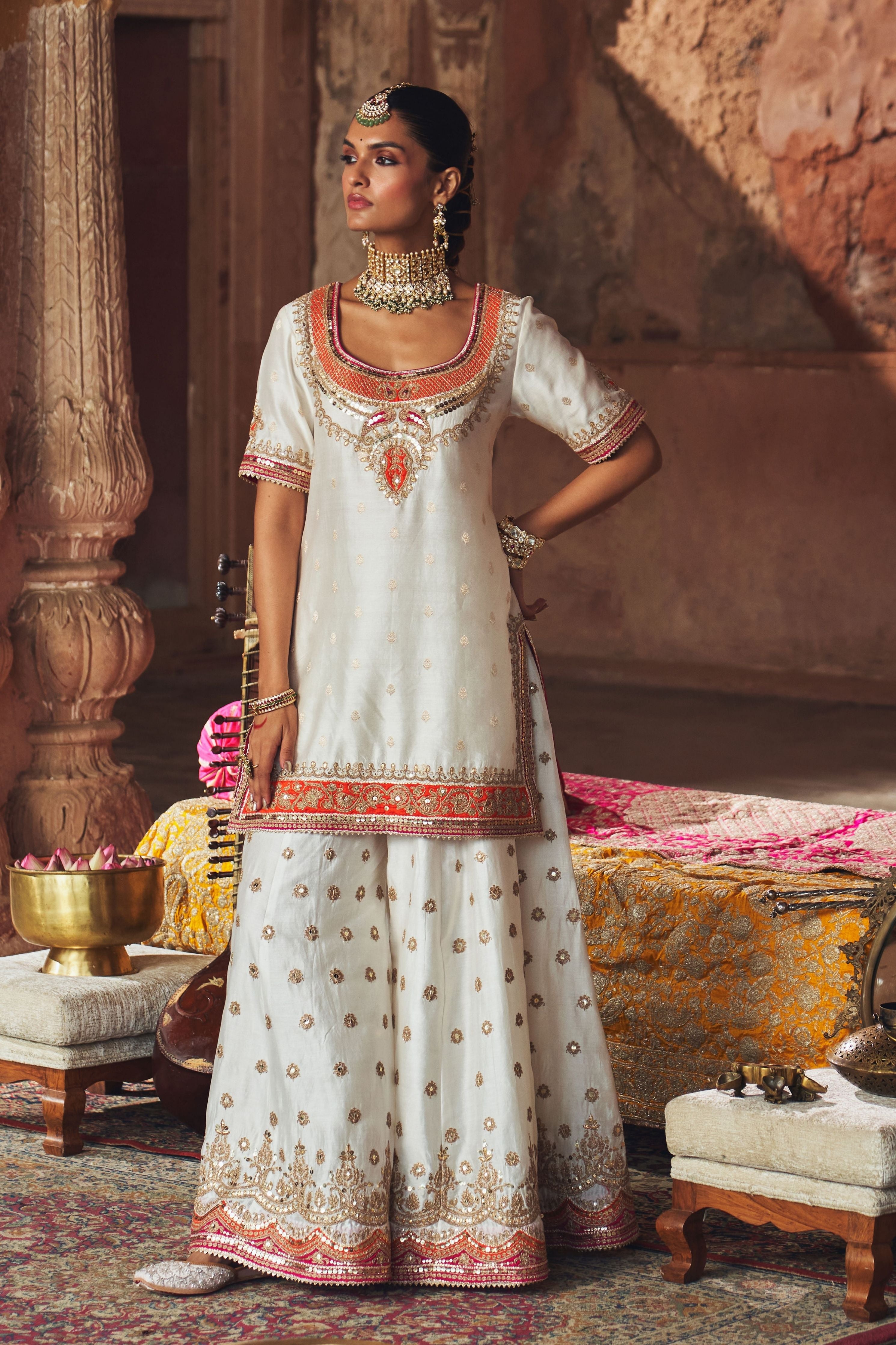 Samreen  Daisy Ivory Short Kurta With Sharara And Dupatta