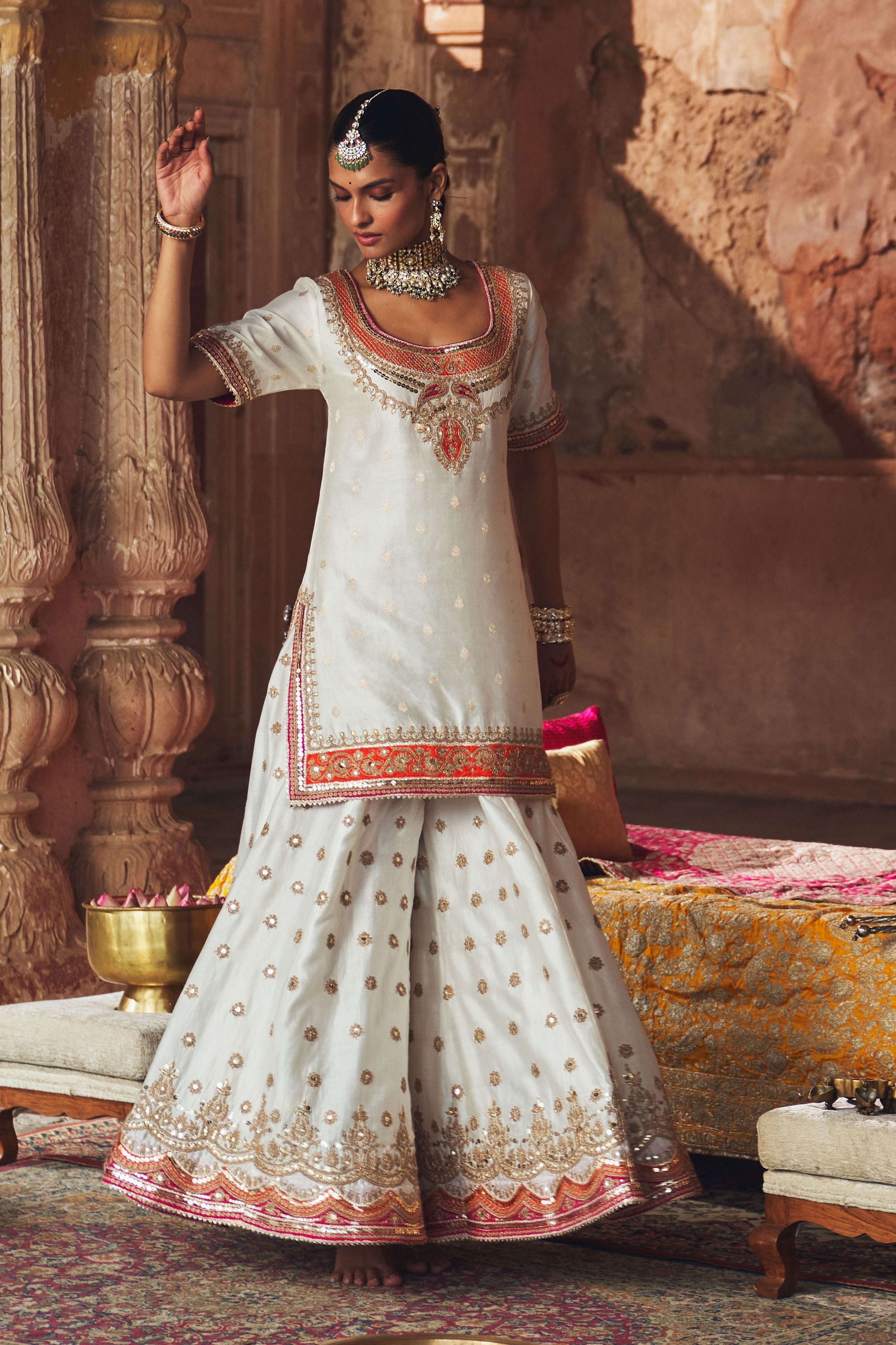 Samreen  Daisy Ivory Short Kurta With Sharara And Dupatta